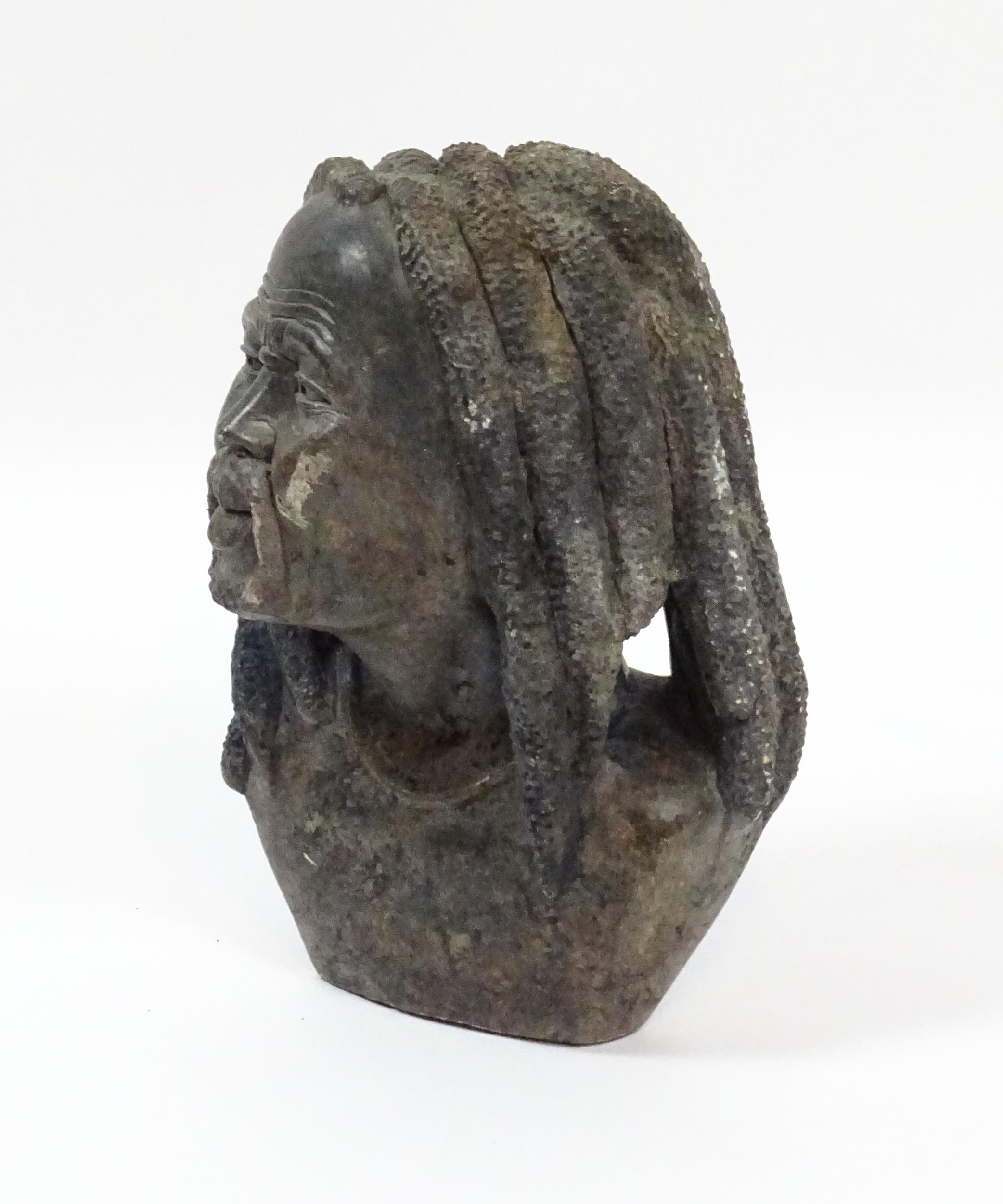 Ethnographic / Native / Tribal : An African carved soapstone bust modelled as a man with dreadlocks. - Image 5 of 6