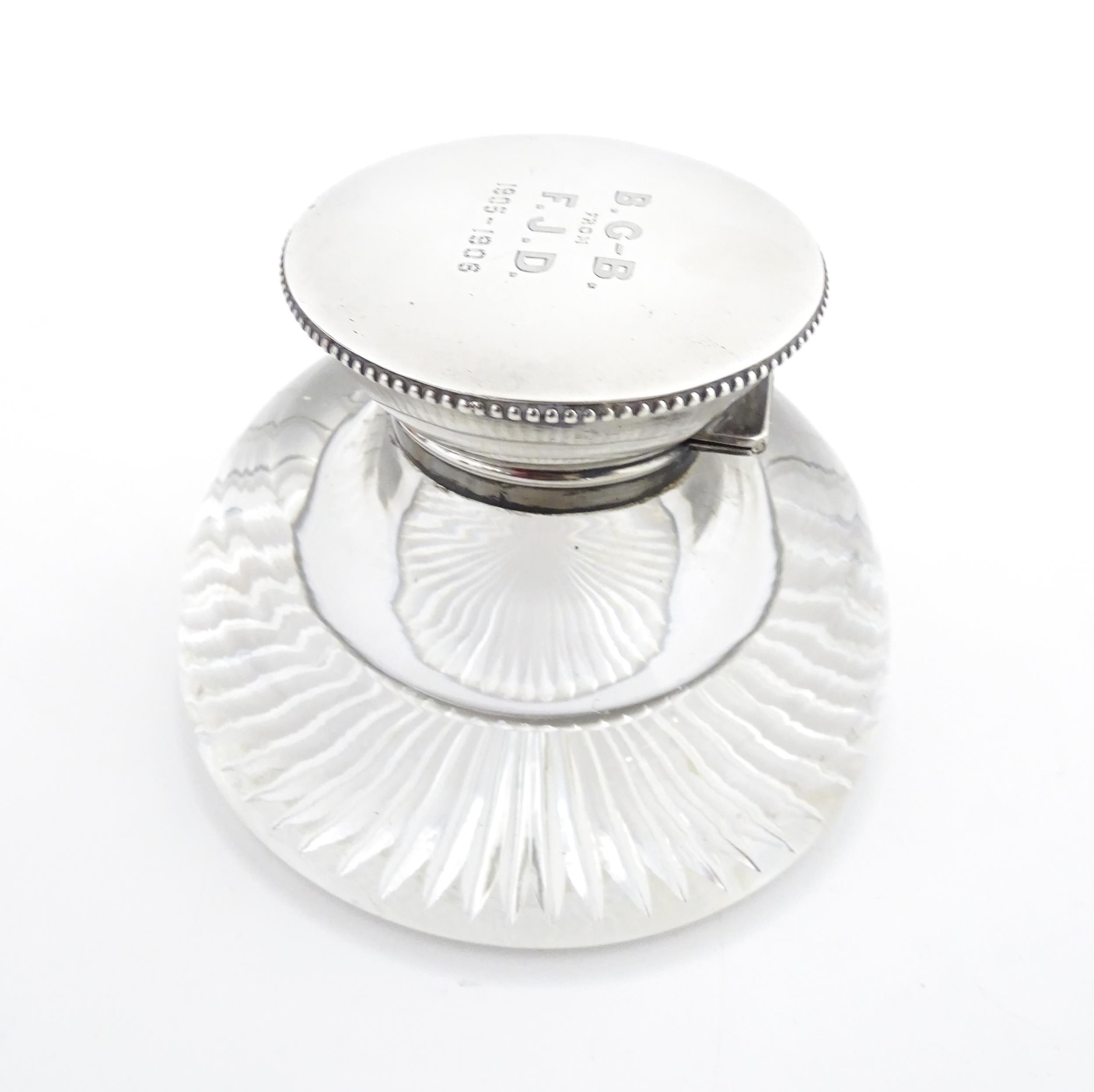 A glass inkwell with silver top hallmarked London 1905 maker James Dudley and stamped J Dudley - Image 4 of 9