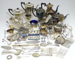 A quantity of assorted silver plated wares to include tea sets, bottle coasters, sugar bowls, cruet,