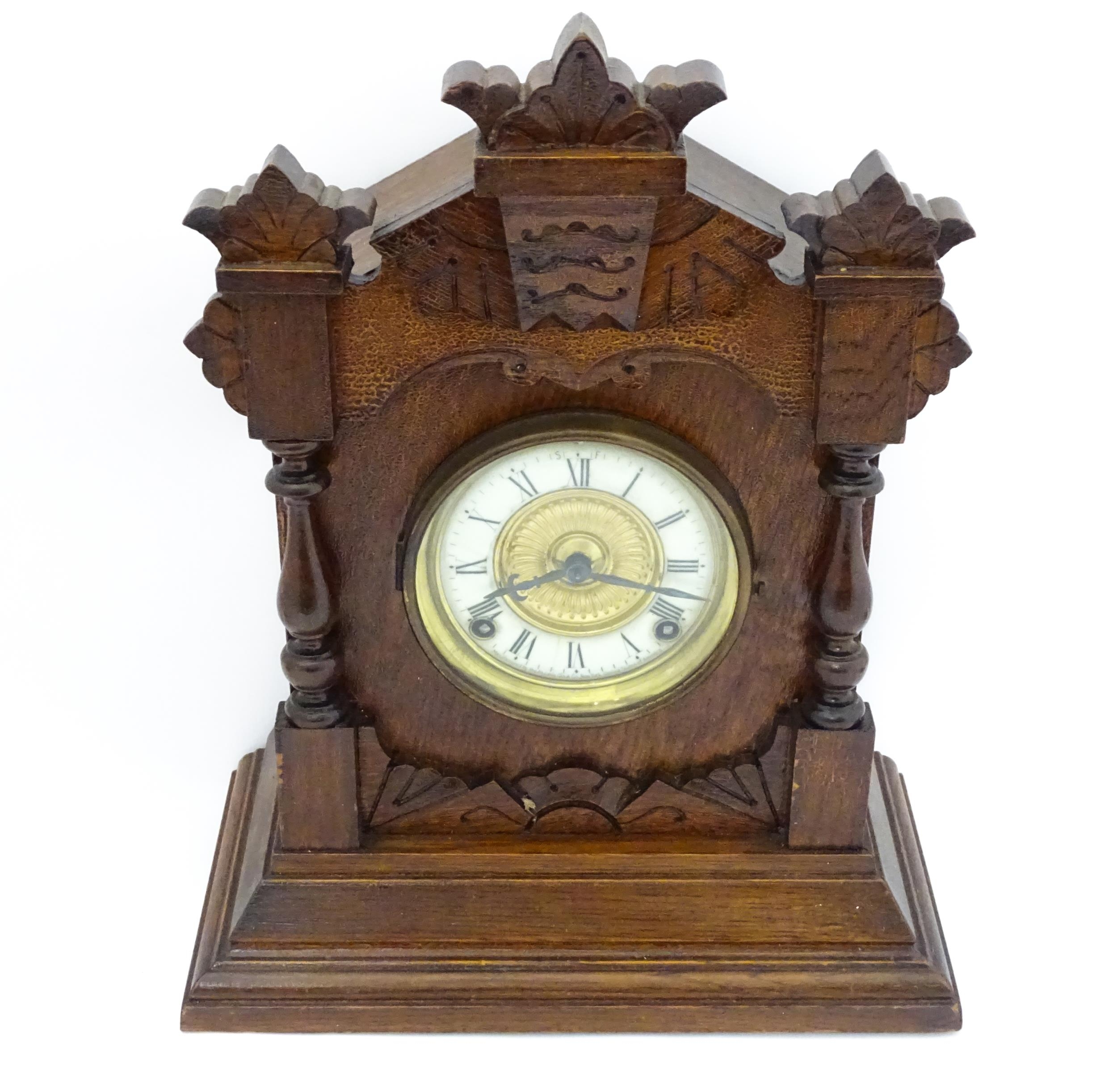 A Late 19thC / Early 20thC American oak cased mantle clock by the Ansonia Clock Company - New - Image 3 of 12
