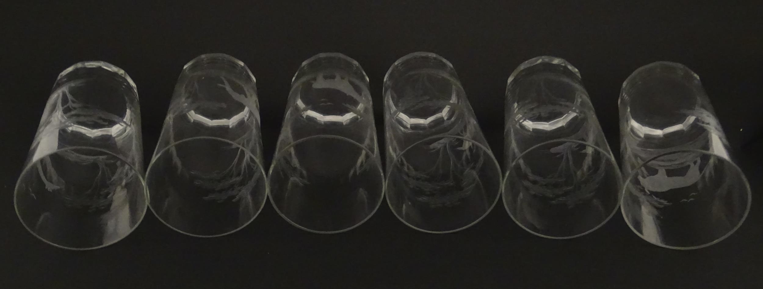 Six Rowland Ward highball glasses with engraved Safari animal detail. Unsigned. Approx. 5 1/2" - Image 2 of 17