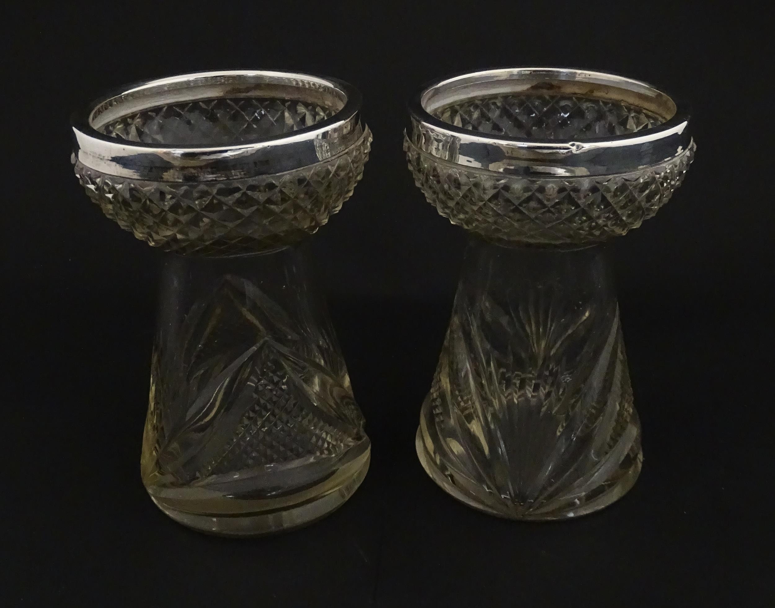 A pair of cut glass vases with silver rims in the style of hyacinth vases, hallmarked Birmingham - Image 3 of 10