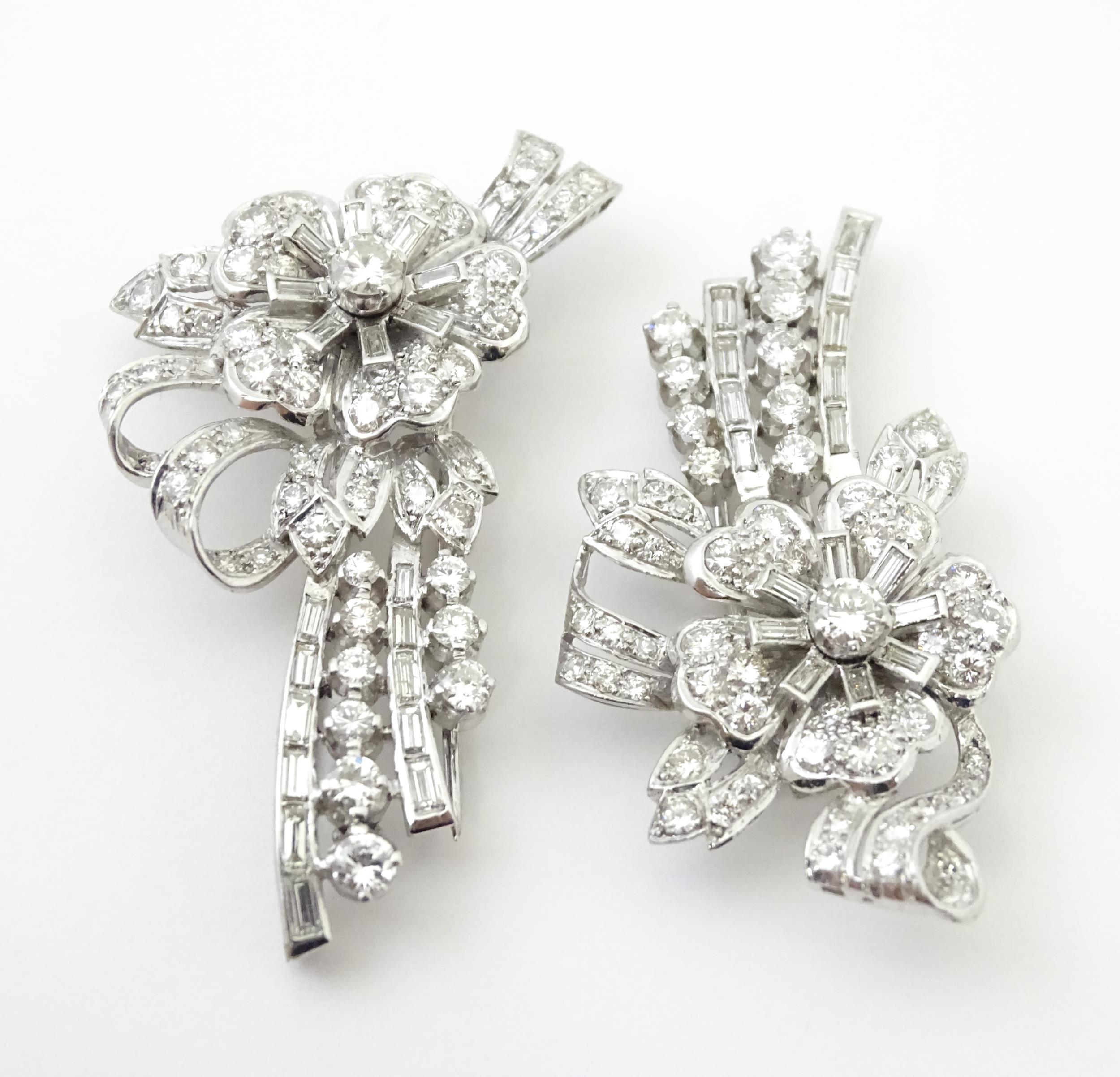 A diamond double clip brooch, the clips with flower and bow detail set with a profusion of - Image 2 of 11