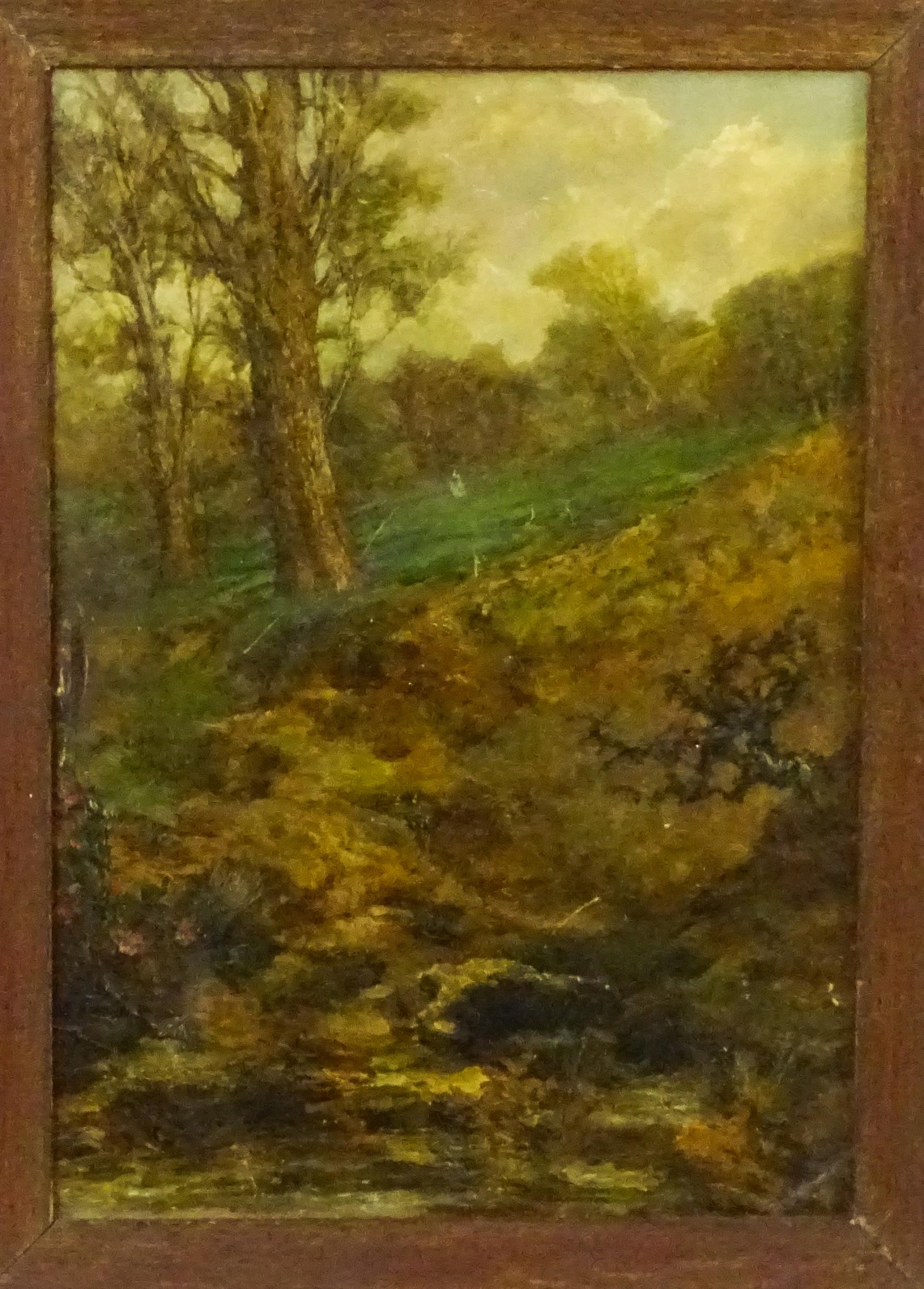 Manner of John Mace, Early 20th century, Oil on board, A wooded landscape with a stream in the - Image 3 of 3