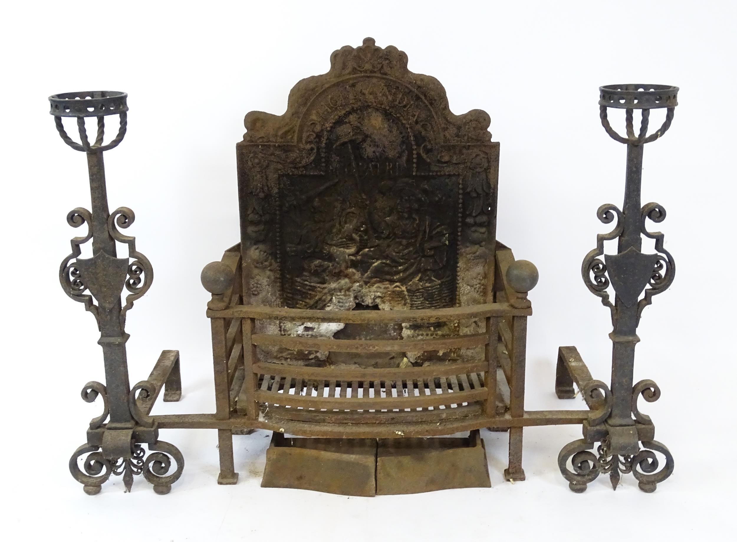 A large cast iron fire basket, the back decorated with figure and lion, marked 'Hollandia Pro - Image 5 of 18