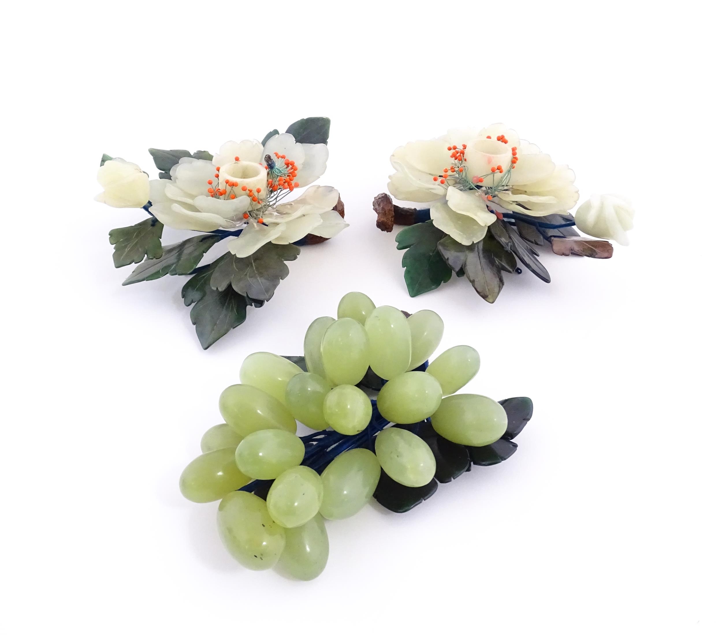 Two Chinese hardstone flower groups with bead detail. Together with a hardstone model of a bunch - Image 4 of 15