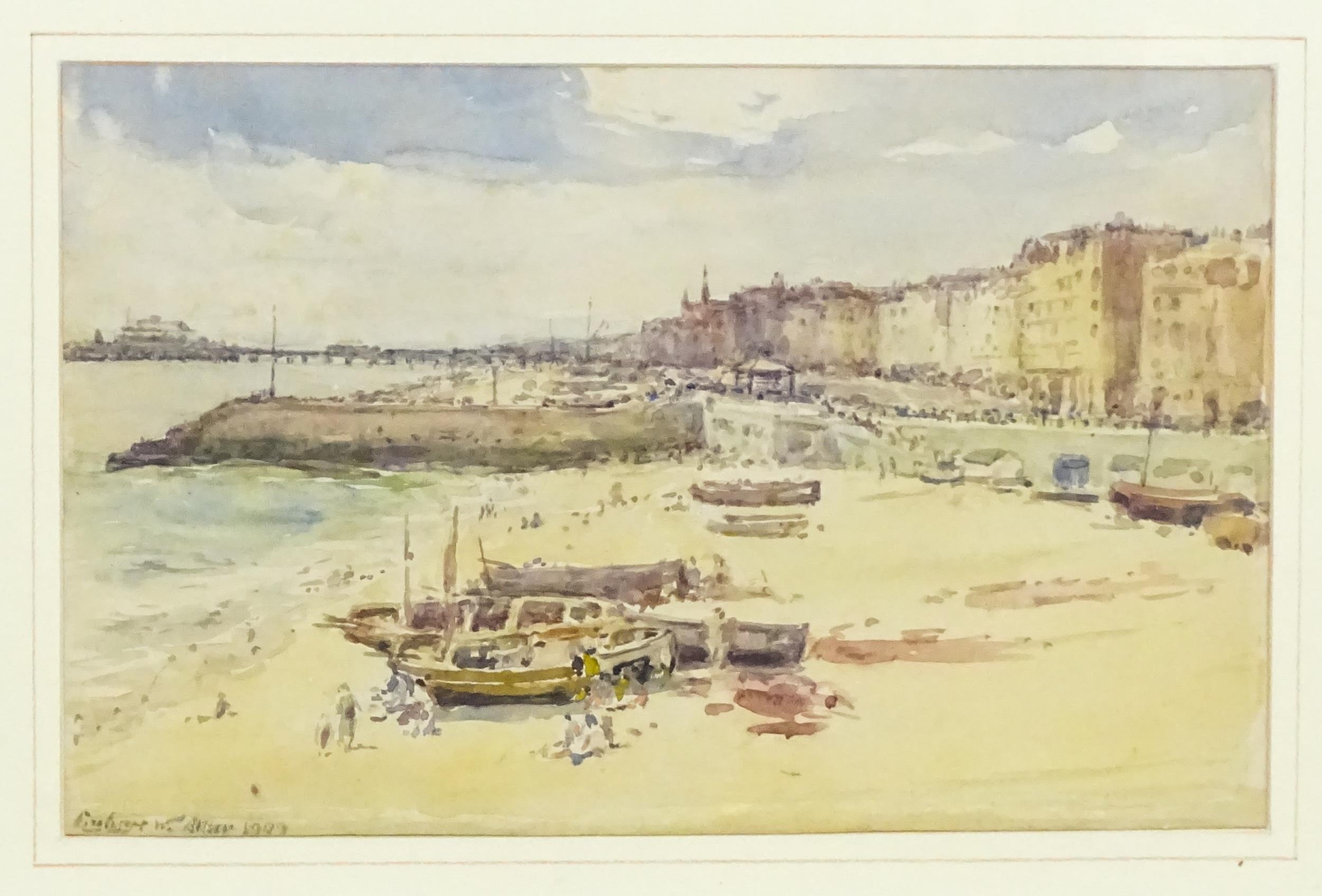 Early 20th century, British / Scottish School, Watercolour, A coastal town scene with pier, boats - Image 3 of 4