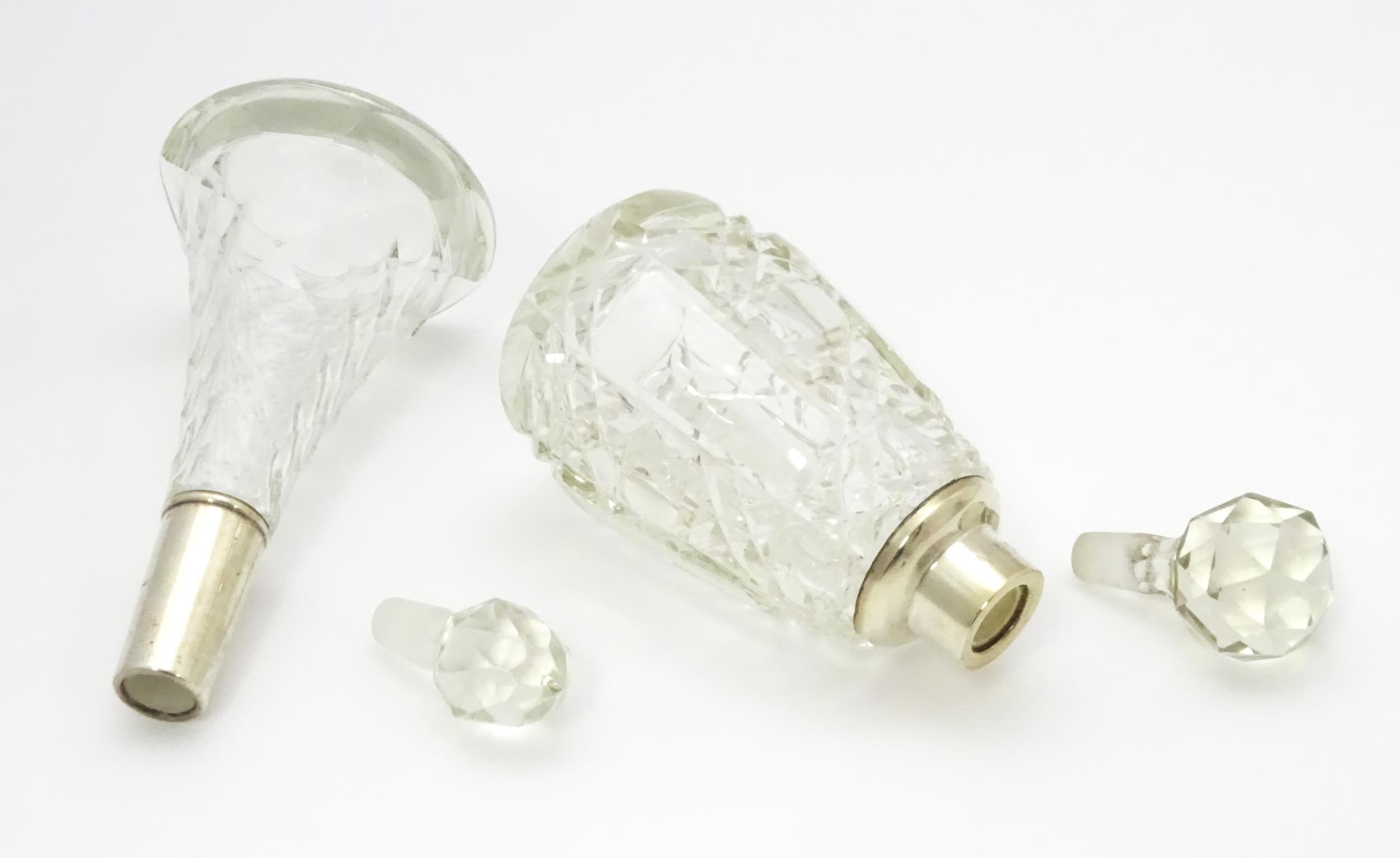 Two cut glass scent / perfume bottles with silver mounts, one hallmarked Birmingham 1921, maker A - Image 11 of 15