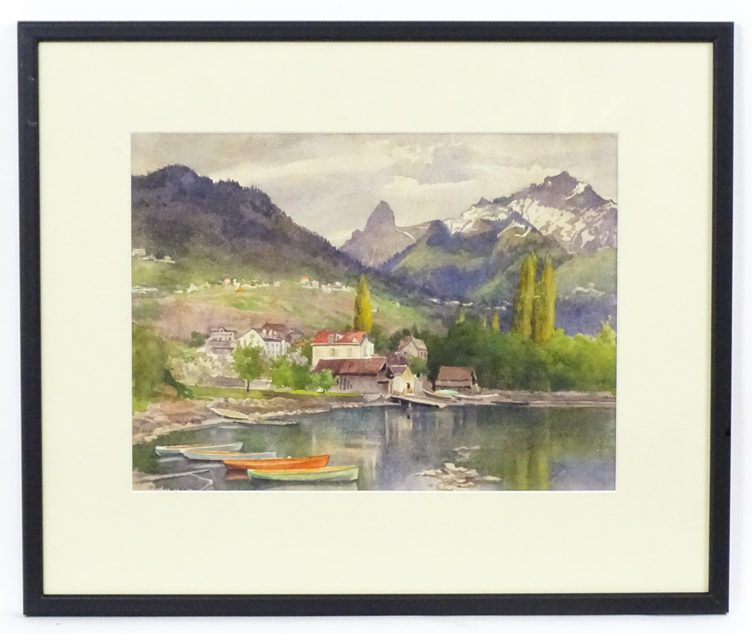 Isobel Badcock, 20th century, Watercolour, Montreux, A Swiss lake landscape with moored boats and