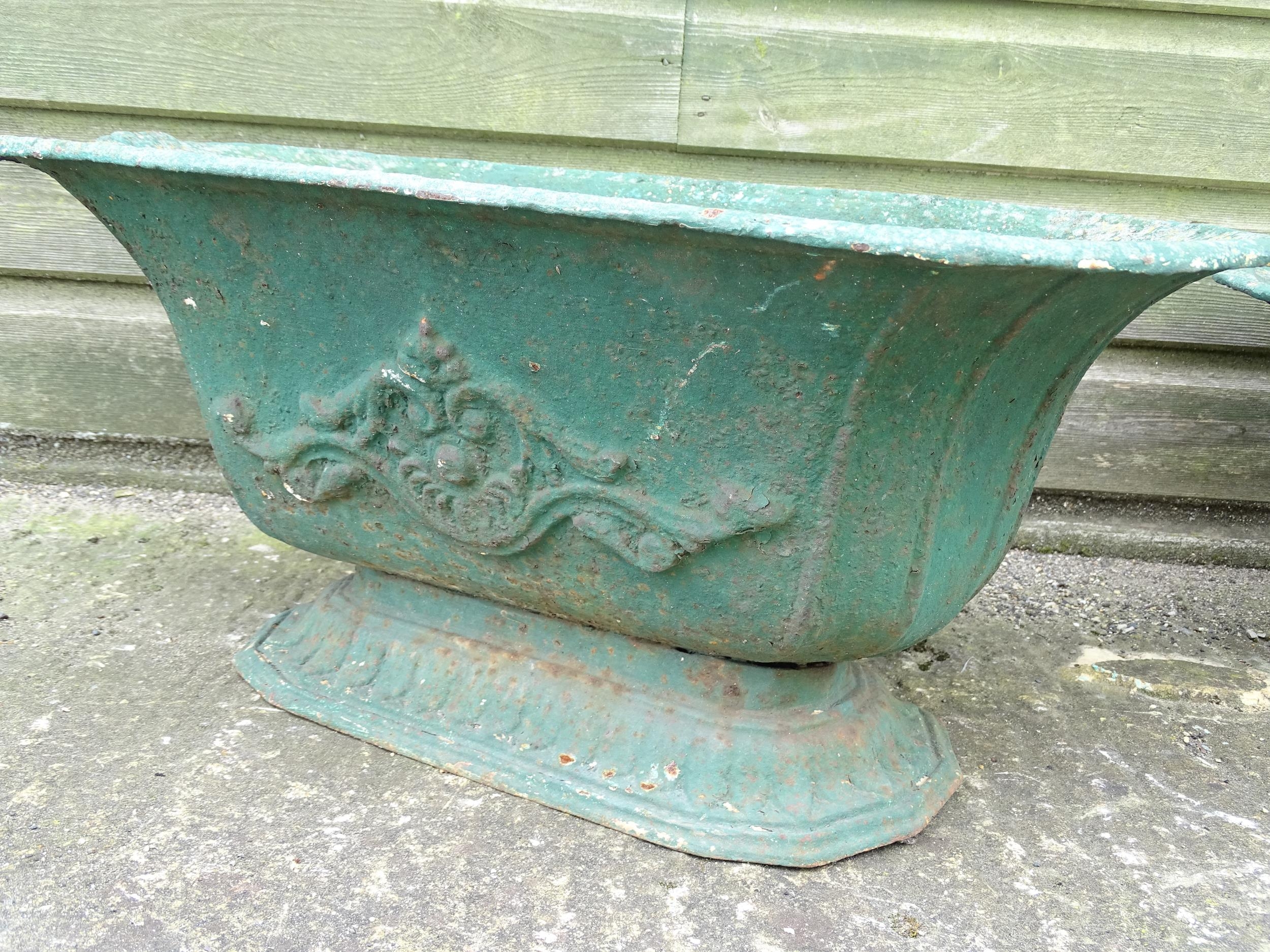 Two early 20thC cast iron pedestal planters / urns, one with relief detail. Approx. 26" wide x 10" - Image 6 of 8