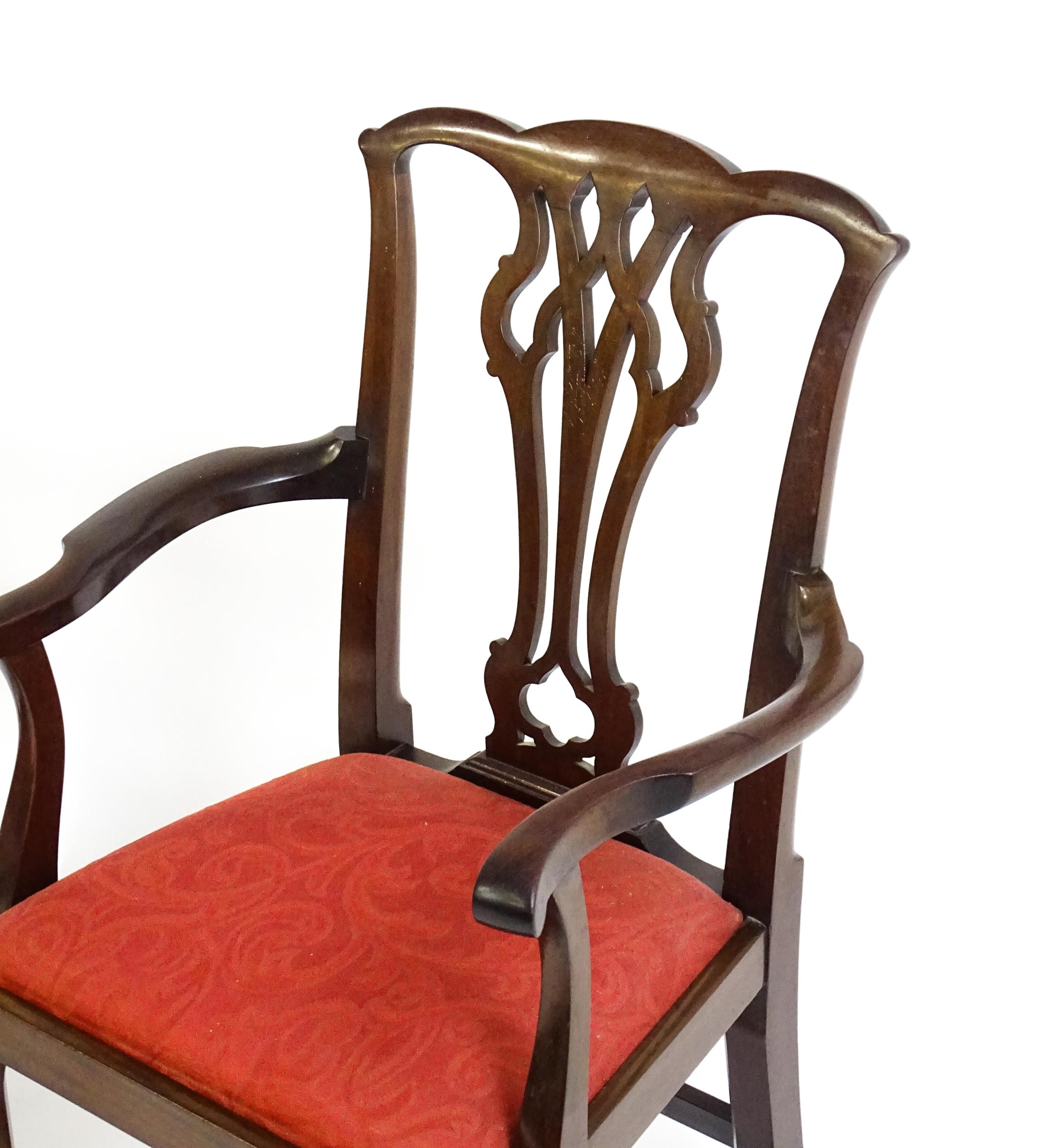 A pair of Chippendale style mahogany elbow chairs with a drop in seat raised on chamfered legs - Image 3 of 7