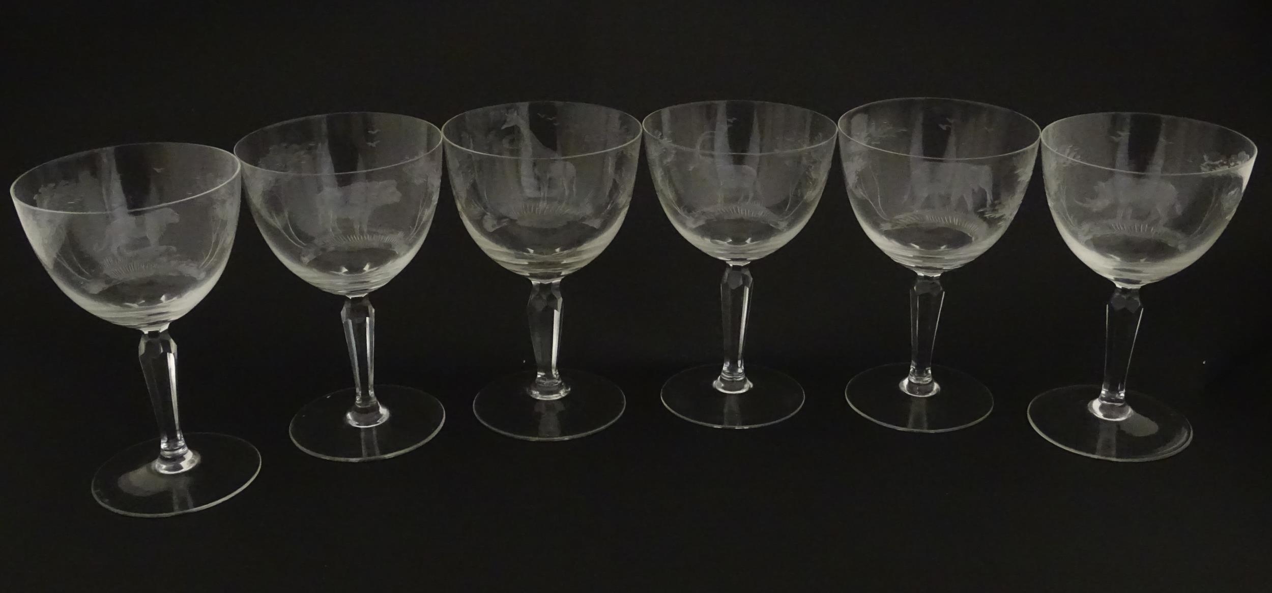 Six Rowland Ward wine glasses with engraved Safari animal detail. Unsigned. Approx. 5 1/2" high ( - Image 6 of 15