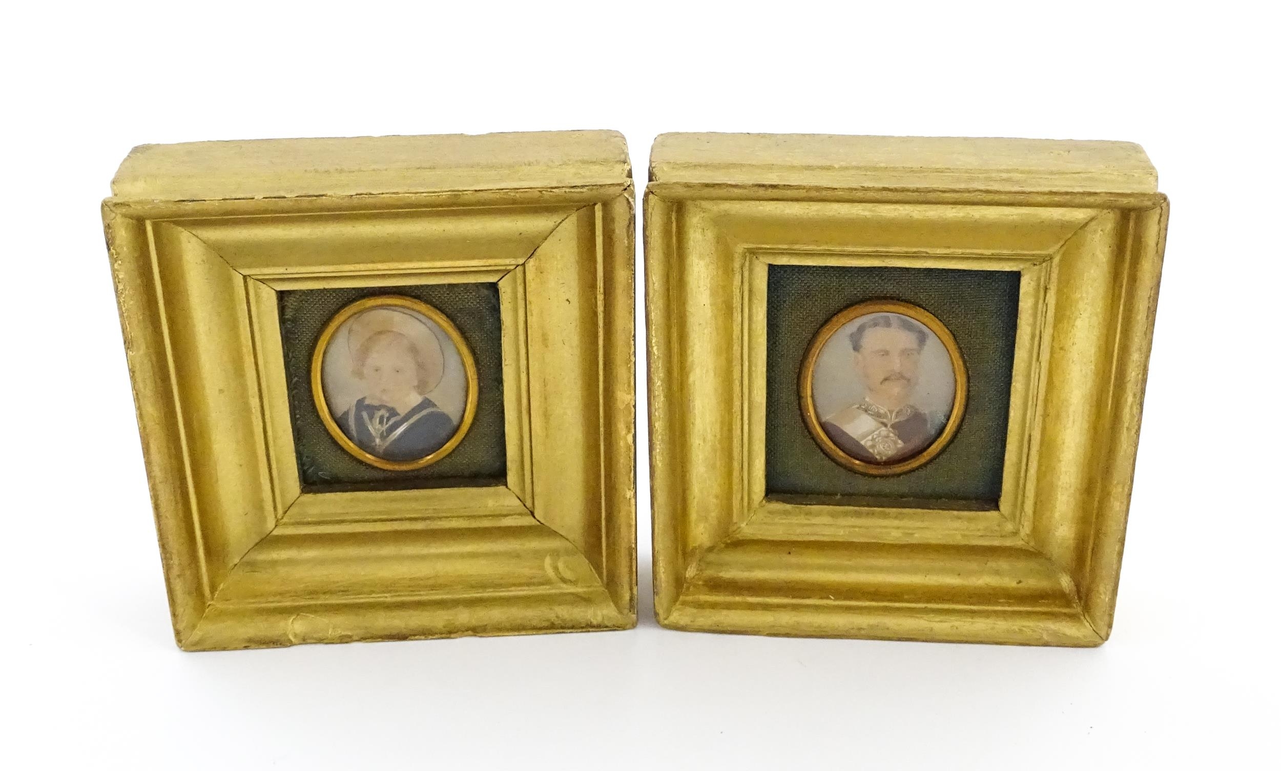 Two 19thC watercolour portrait miniatures, one depicting a gentleman wearing military dress, the