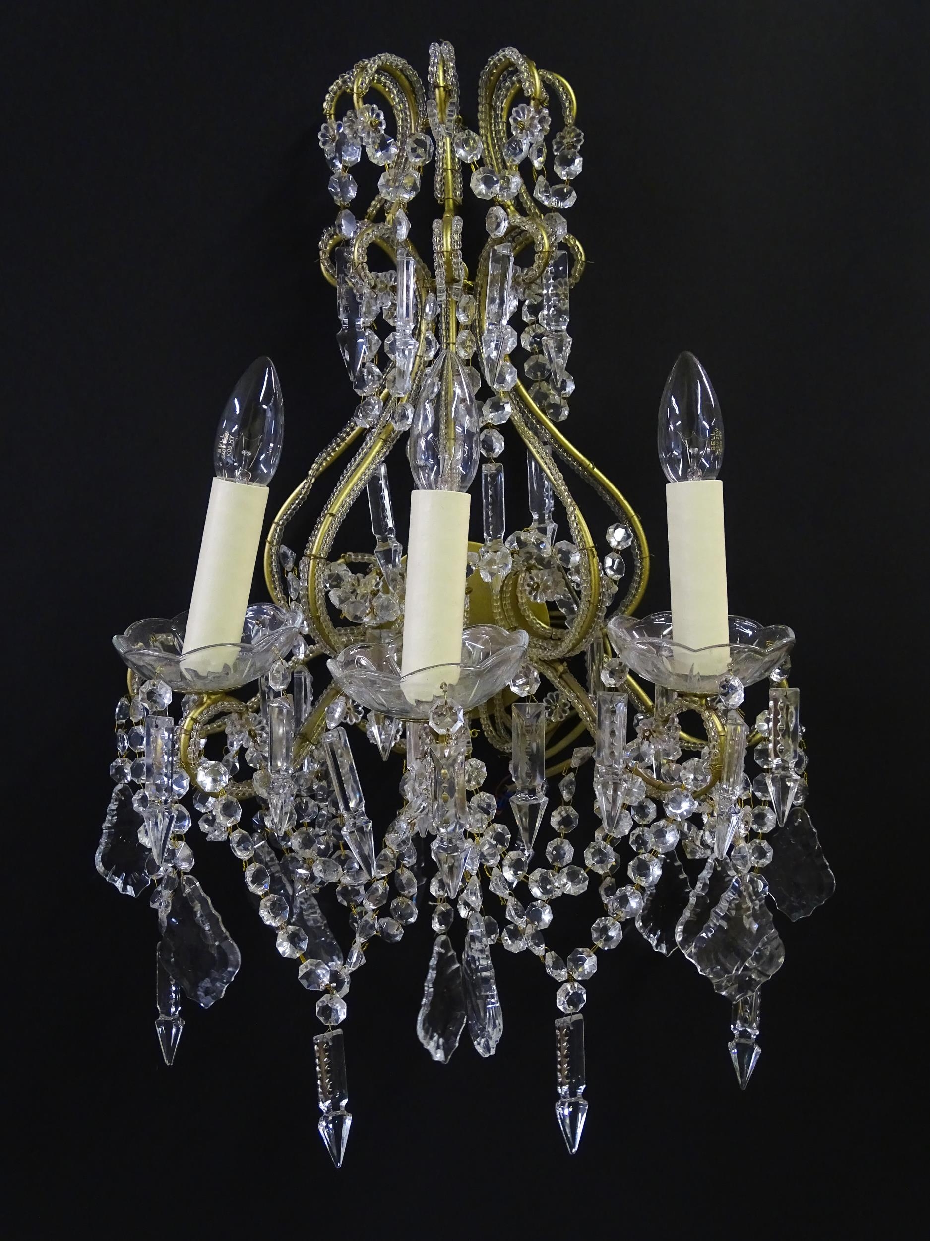 Four Italian wall lights having three branches, and lustre drops. Approx. 18" wide (4) Please Note - - Image 3 of 13