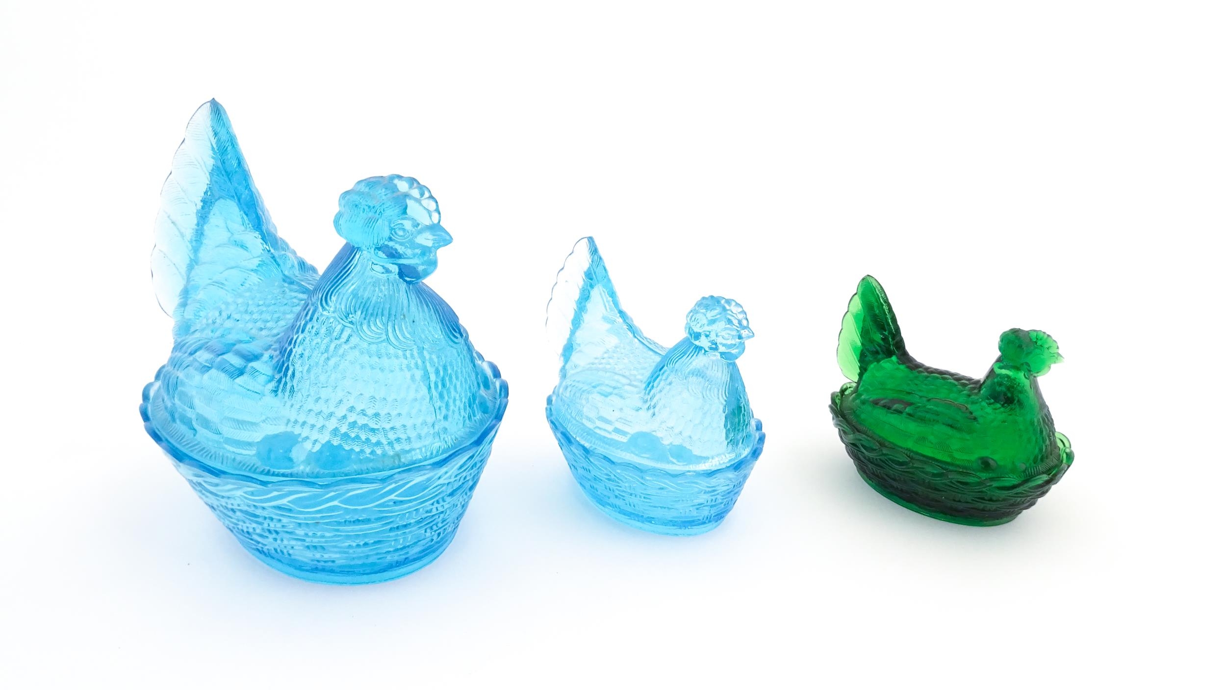 Three 20thC glass hen on nest egg containers, comprising two blue and one green. Largest approx. 8 - Image 6 of 9