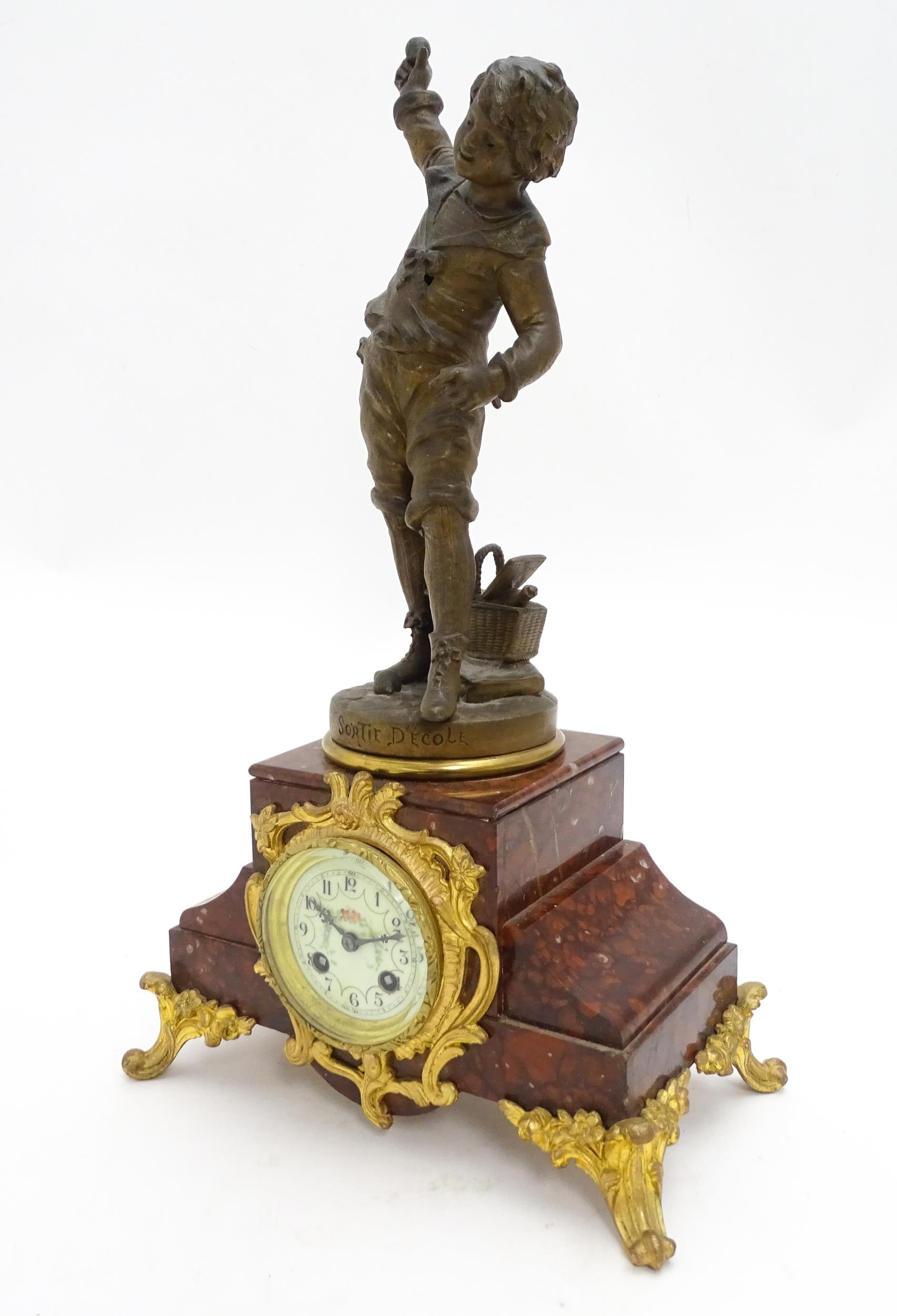 A French 8-day mantel clock striking on a bell, the rouge marble base housing a movement by A. D. - Image 3 of 16