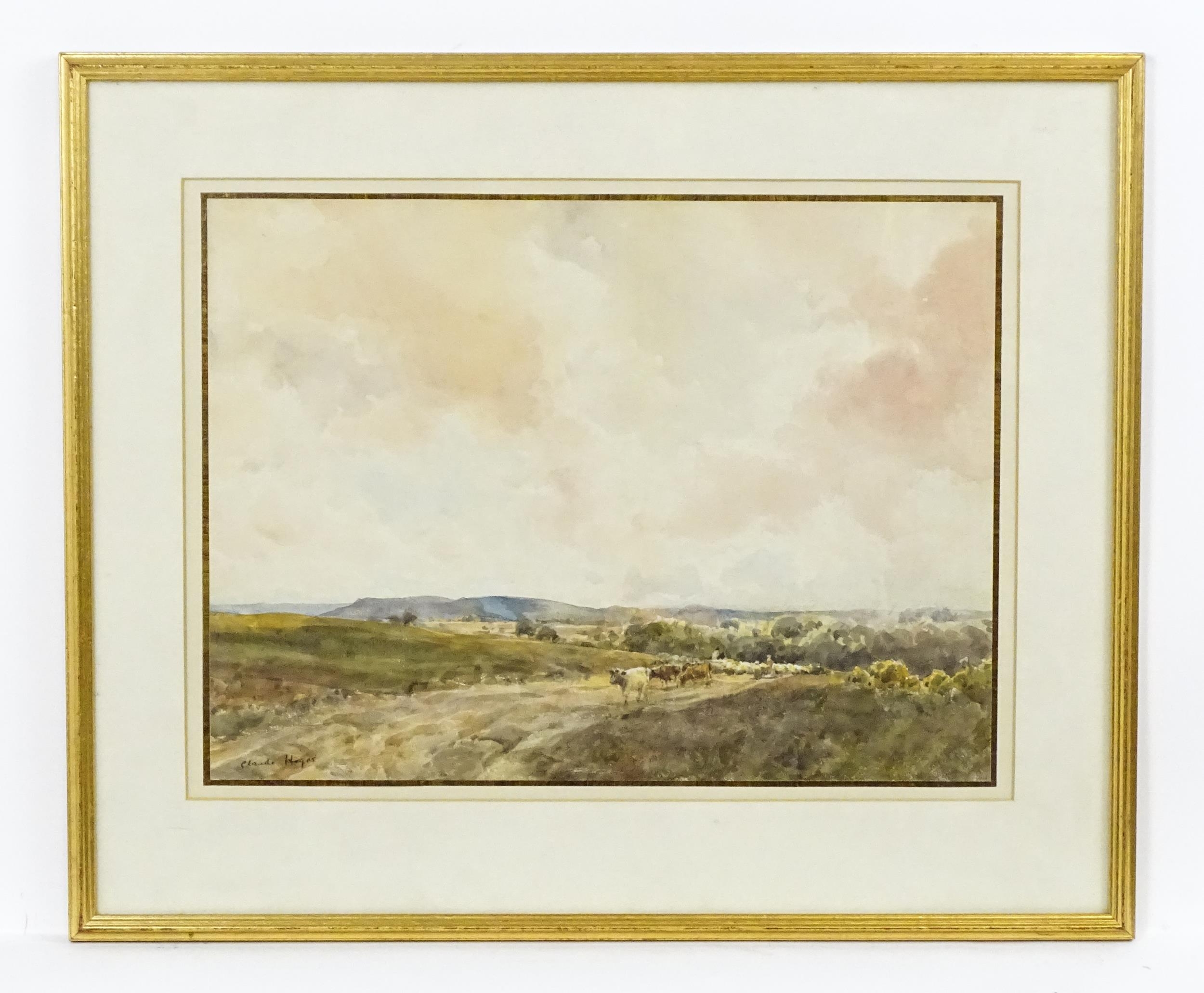 Claude Hayes (1852-1922), Watercolour, A landscape with a drover with cattle and sheep on a hill