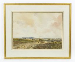 Claude Hayes (1852-1922), Watercolour, A landscape with a drover with cattle and sheep on a hill