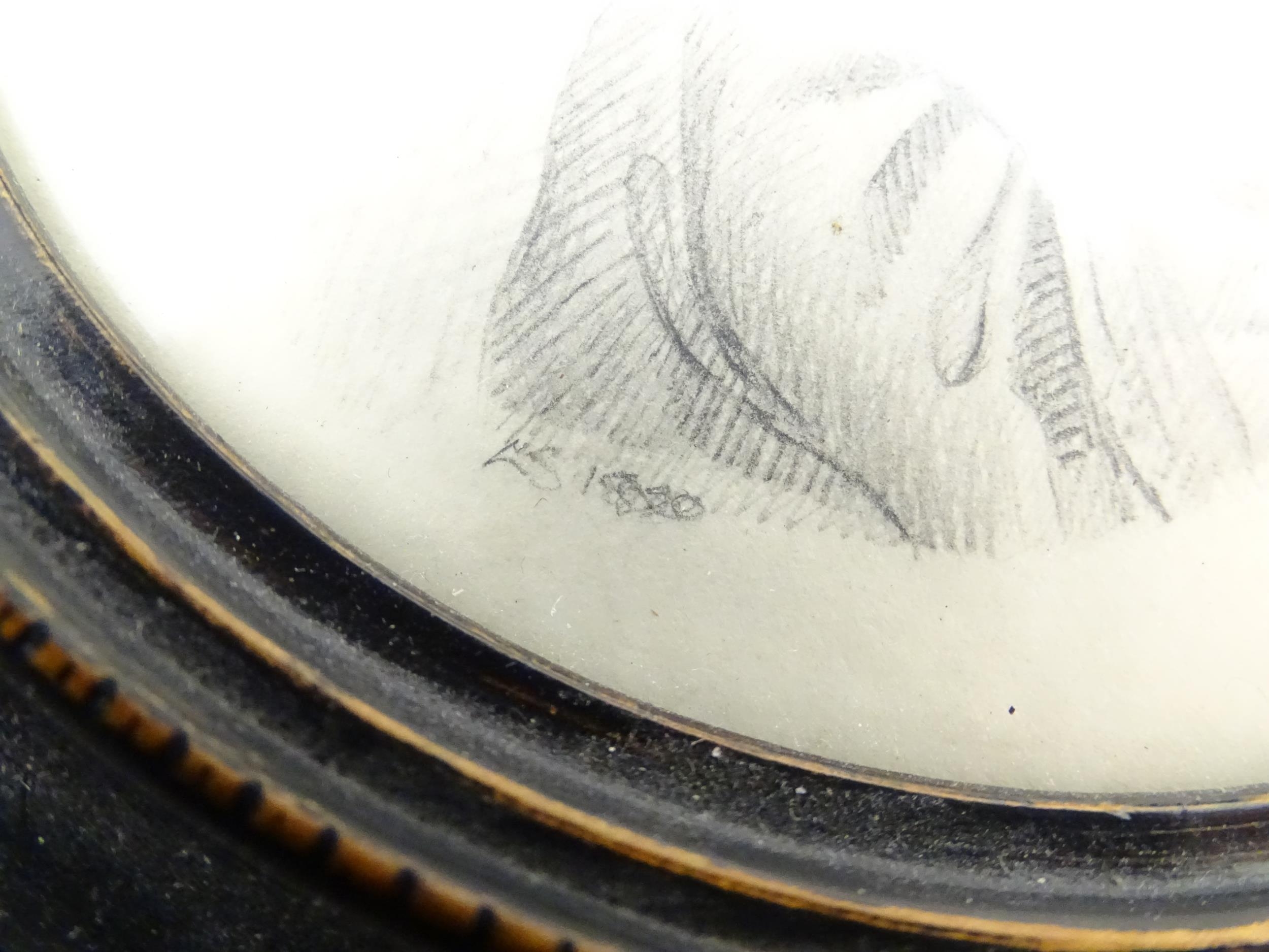 A 19thC pencil and watercolour portrait miniature depicting a portrait of a young lady wearing a - Image 3 of 5