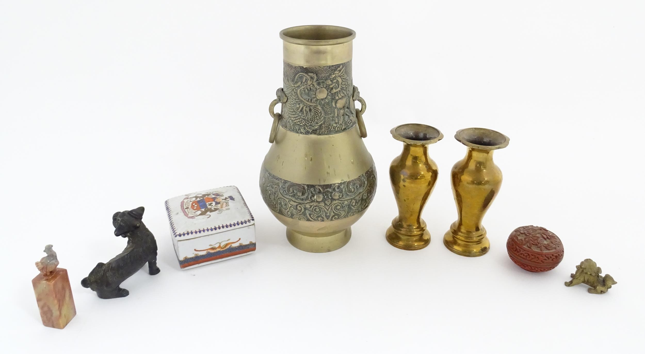 A quantity of assorted Oriental items to include a pair of cast brass vases of tapering form with - Image 5 of 12