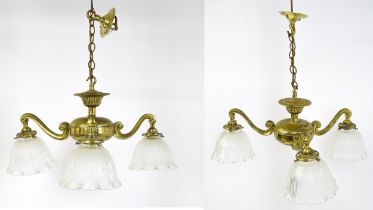 A pair of brass pendant lights having three scrolling branches with three holophane shades.