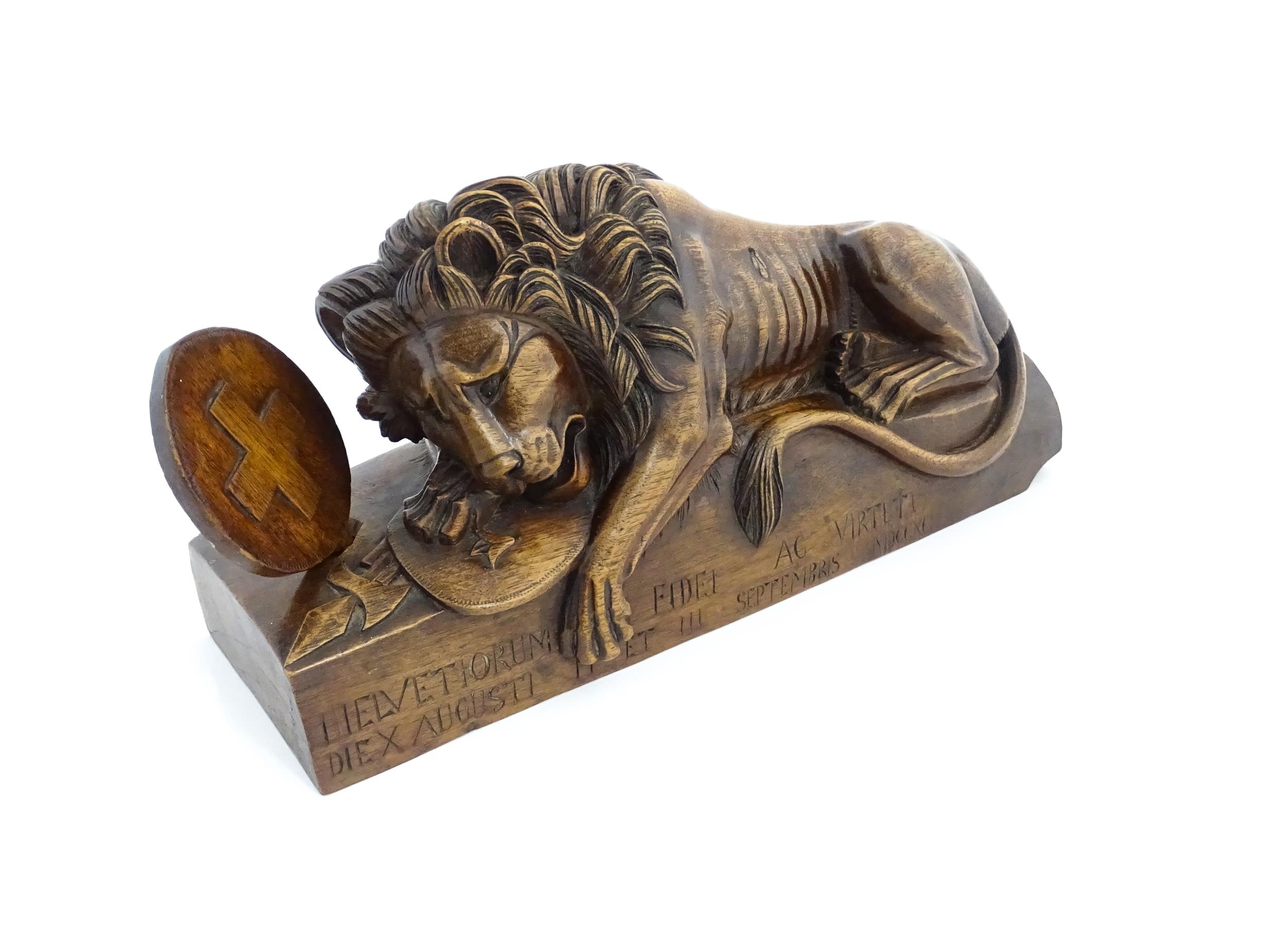 A late 19thC carved walnut model of the Lion of Lucerne after Bertel Thorvaldsen, inscribed - Image 2 of 7