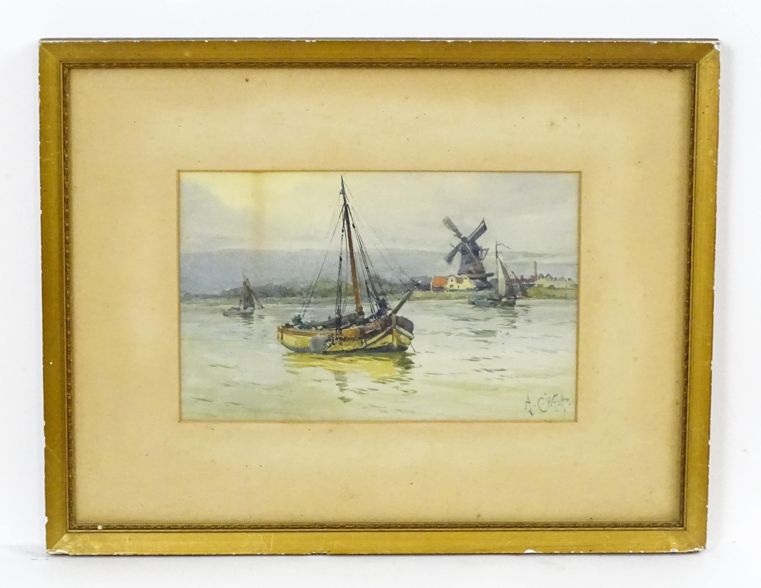 Augustus Charles Wyatt (1863-1933), Watercolour, A river scene with fishing boats and windmill