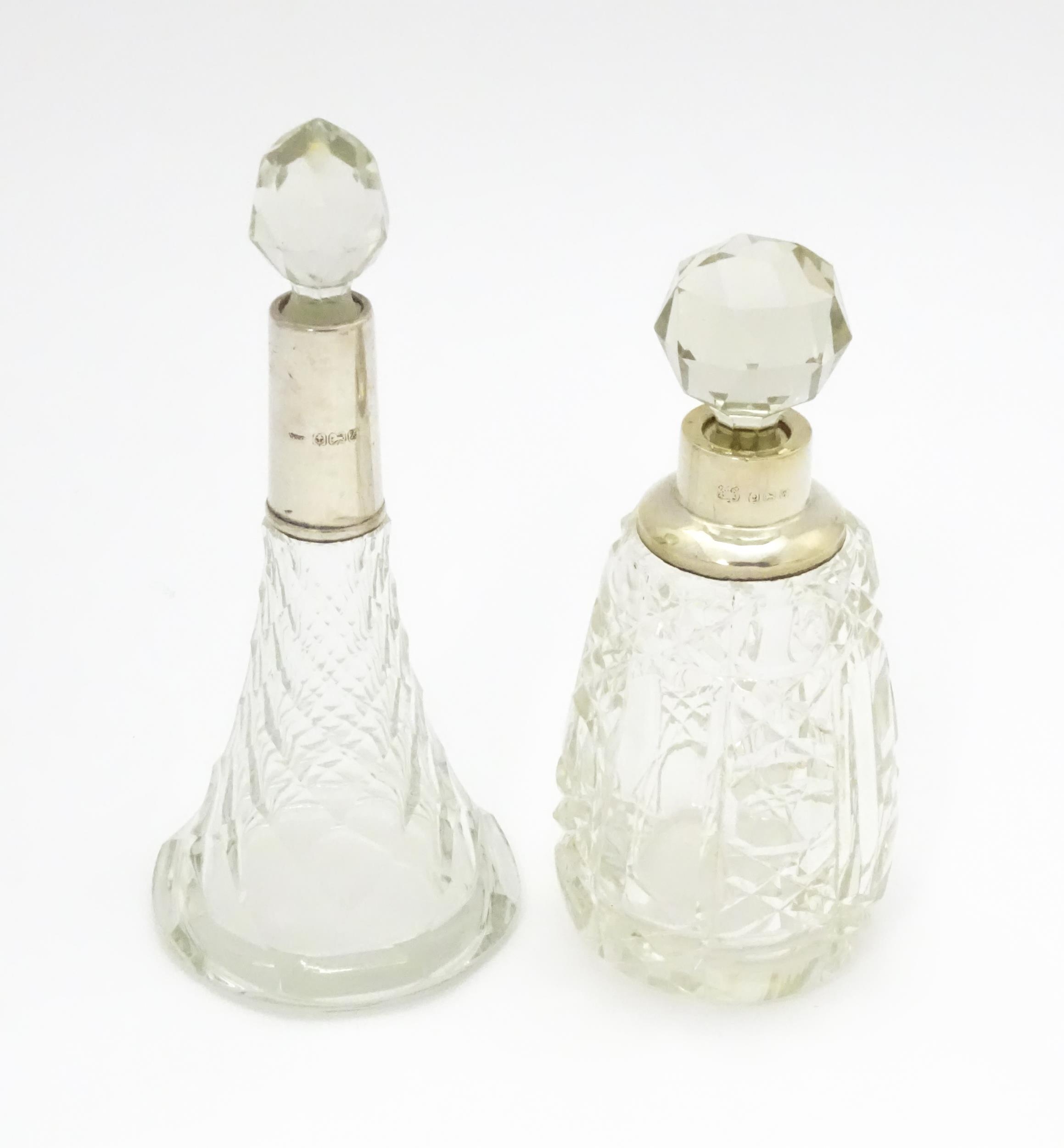 Two cut glass scent / perfume bottles with silver mounts, one hallmarked Birmingham 1921, maker A - Image 7 of 15
