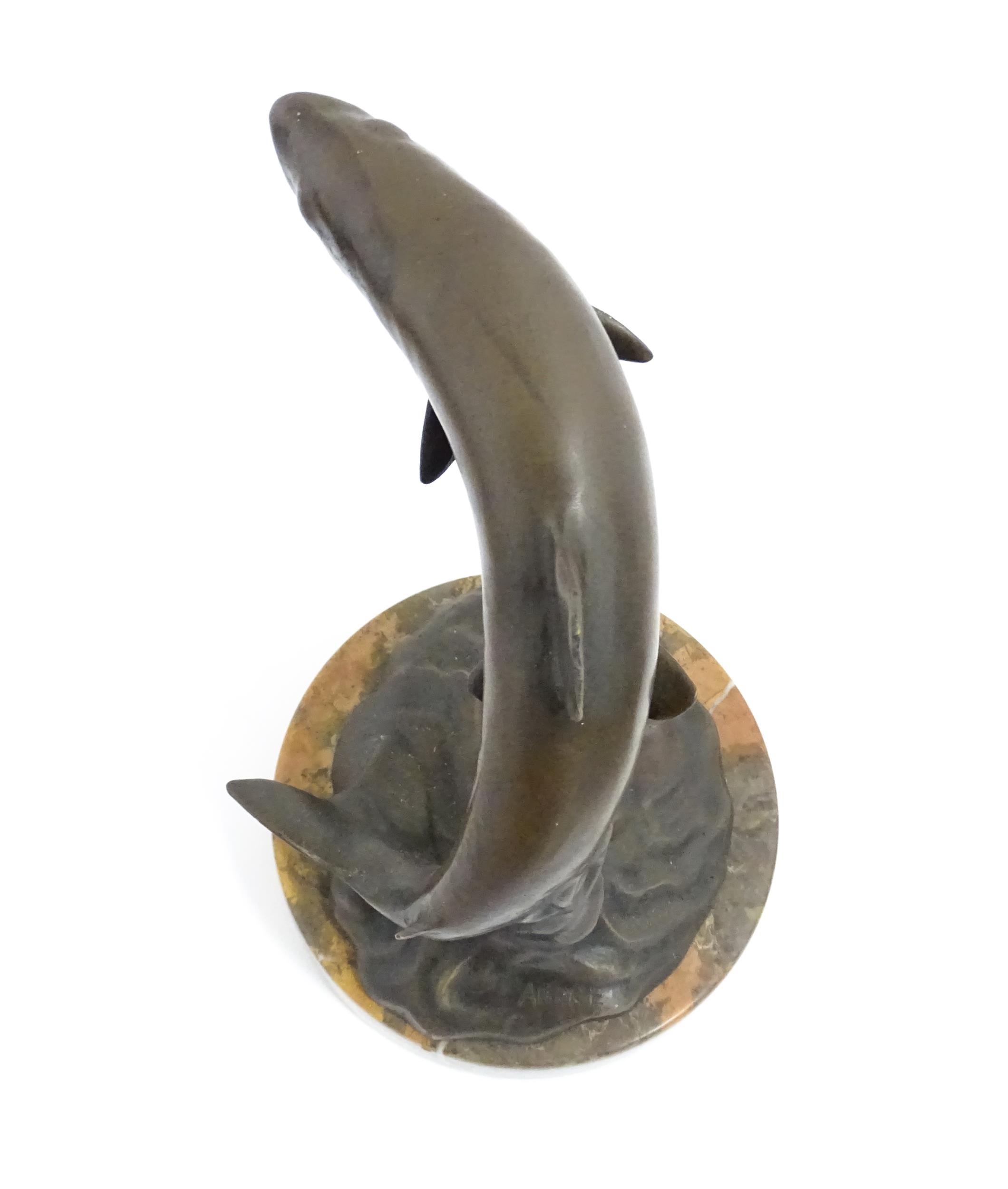 A 20thC cast bronze sculpture modelled as a leaping salmon / fish. Cast signature Andre to base. - Image 8 of 9