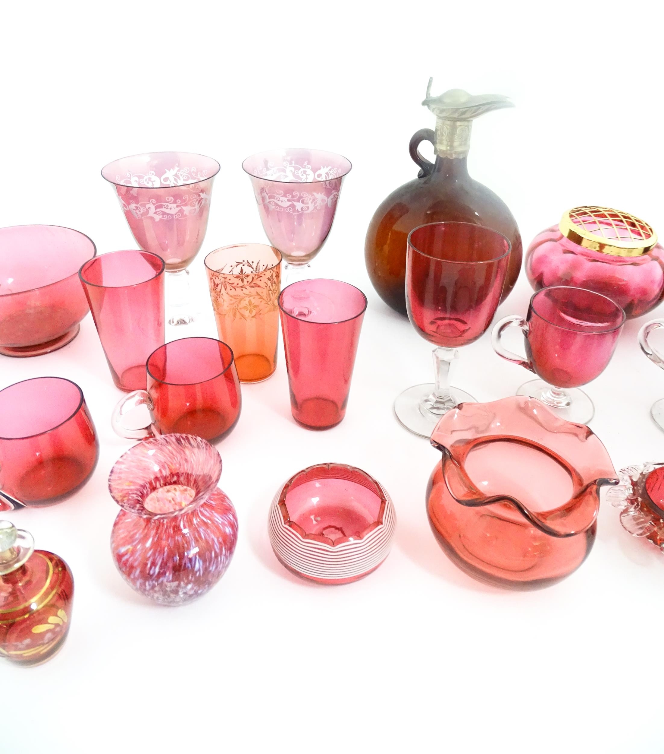 A quantity of Victorian and later assorted glassware to include cranberry glass beakers, drinking - Image 9 of 14