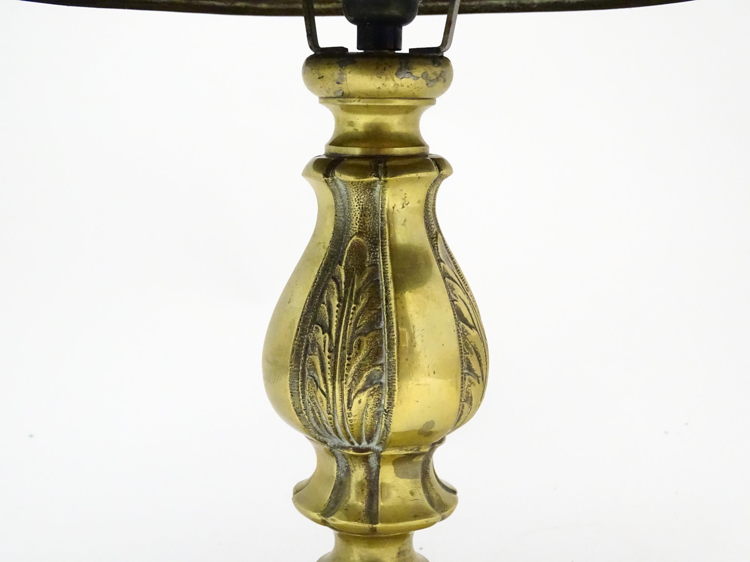A 20thC brass table lamp with foliate detail and brass domed shade. Approx. 17" high Please Note - - Image 13 of 15