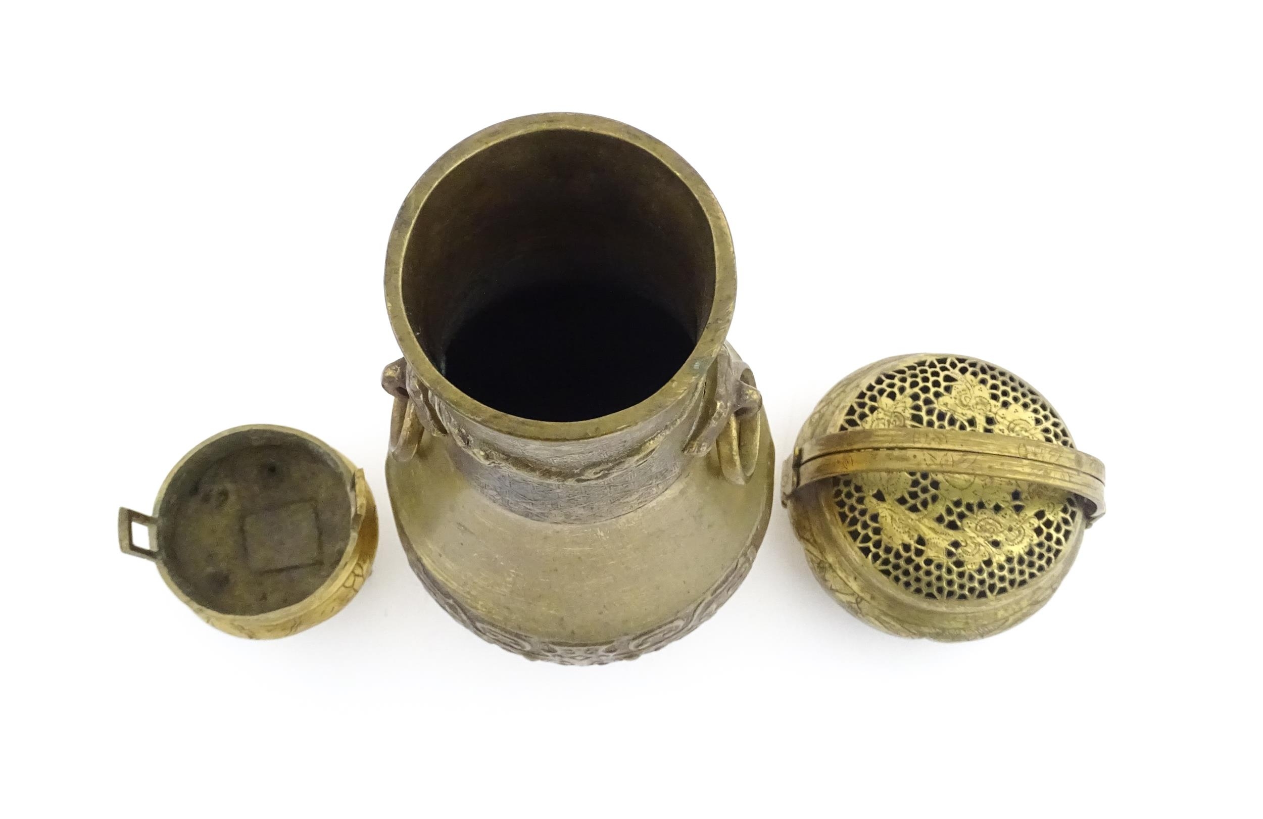Three items of Chinese brass ware to include a baluster vase with twin ring handles decorated with - Image 7 of 9