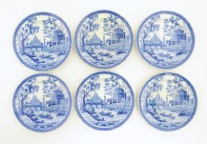 Six Spode blue and white plates decorated in the Tibor pattern. Marked under. Approx. 6 1/4"