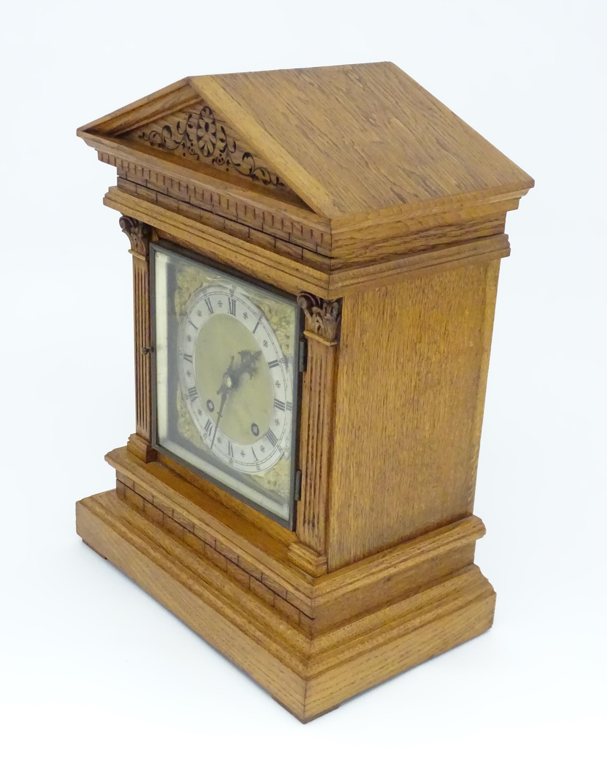 A 19thC German oak cased mantle clock by Winterhalder & Hofmeier, having a silvered chapter ring, - Image 6 of 9