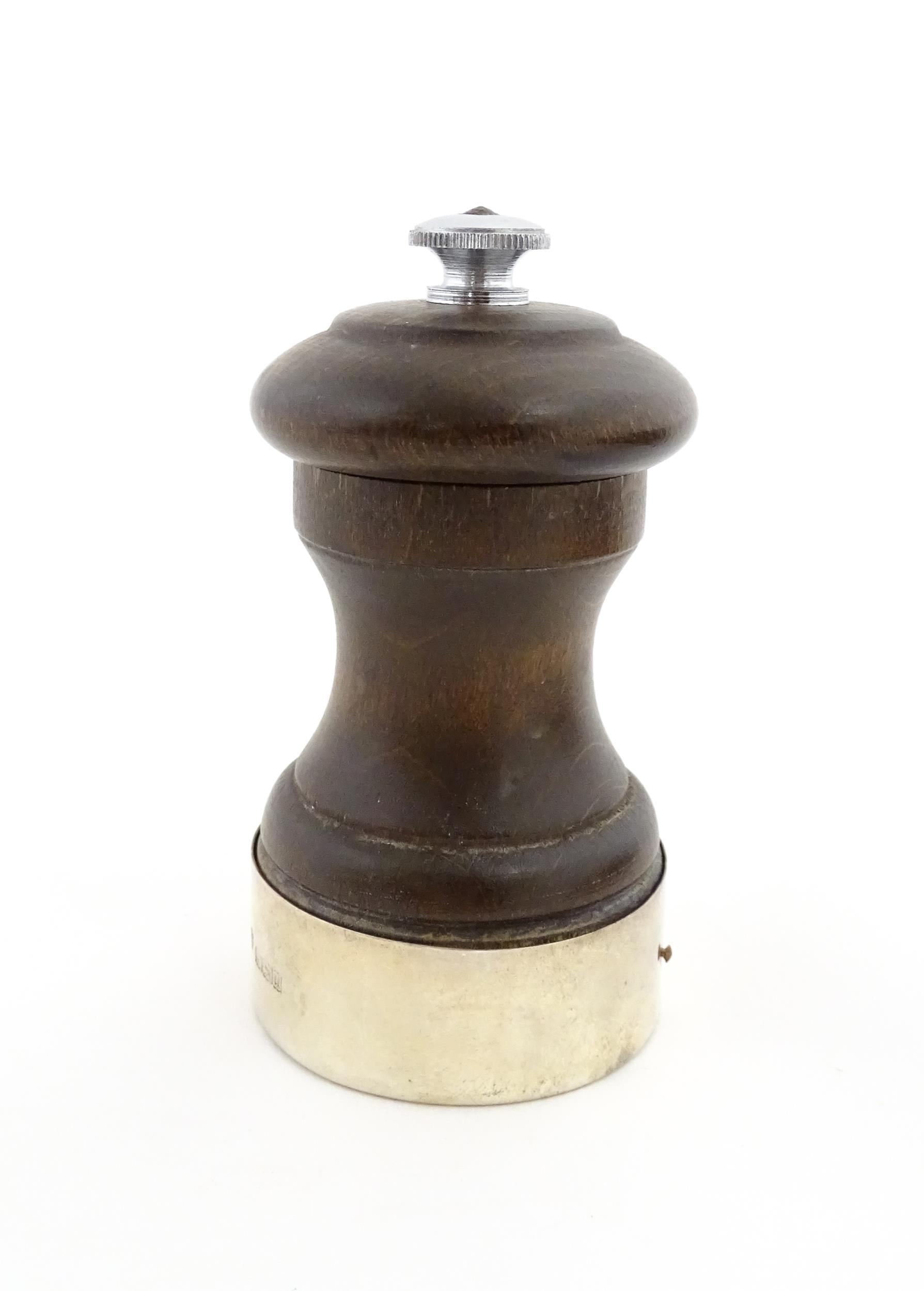 A 20thC turned wooden pepper mill / grinder with silver mount hallmarked Birmingham 1969, maker J. - Image 3 of 8