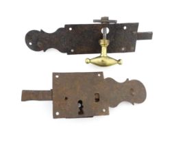 Two 18thC steel door latches with shaped back plates. Largest approx. 10" long overall (2) Please