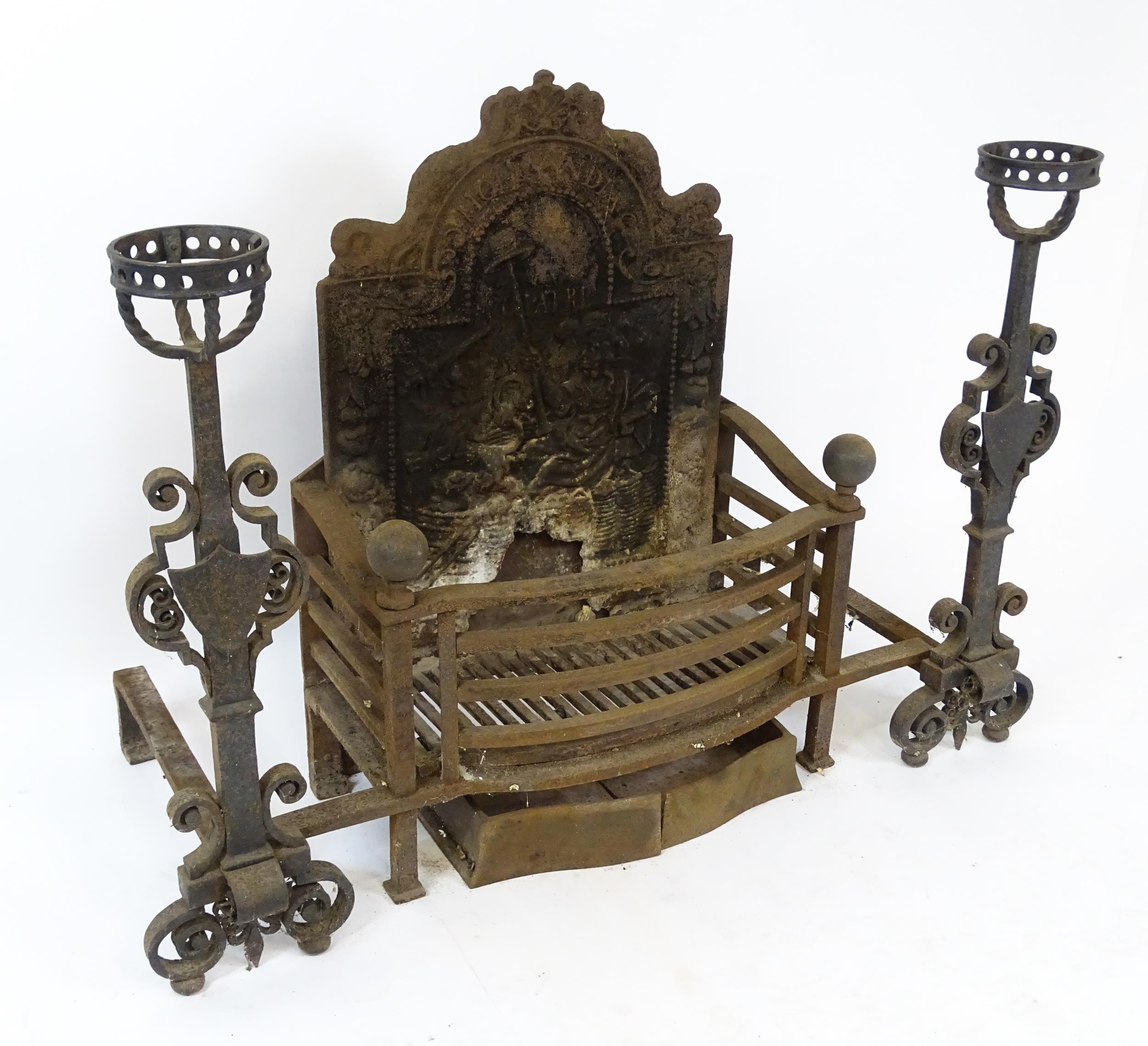 A large cast iron fire basket, the back decorated with figure and lion, marked 'Hollandia Pro - Image 6 of 18
