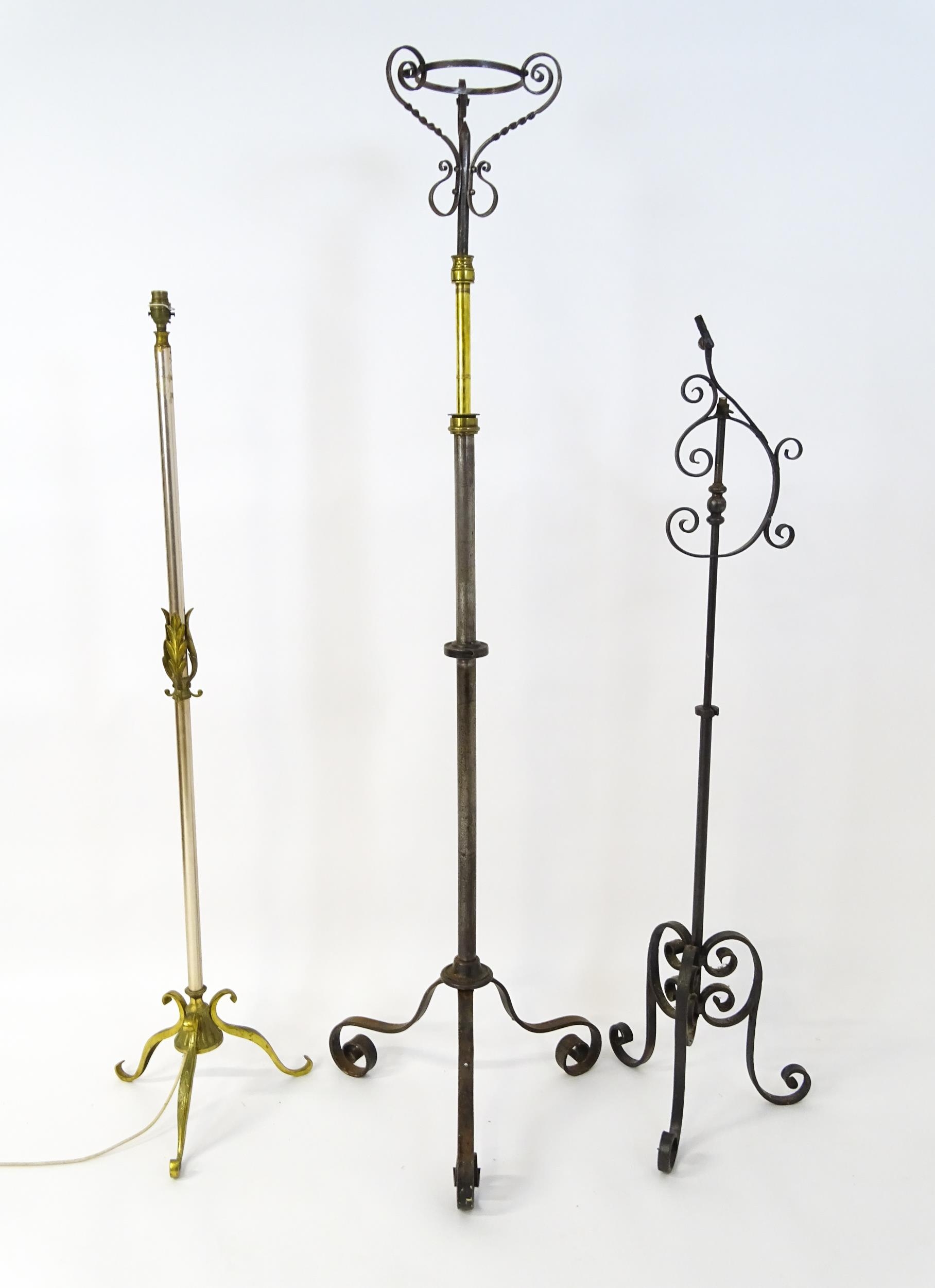 A 20thC standard lamp with triform base and foliate decoration. Together with two wrought iron style - Image 3 of 12