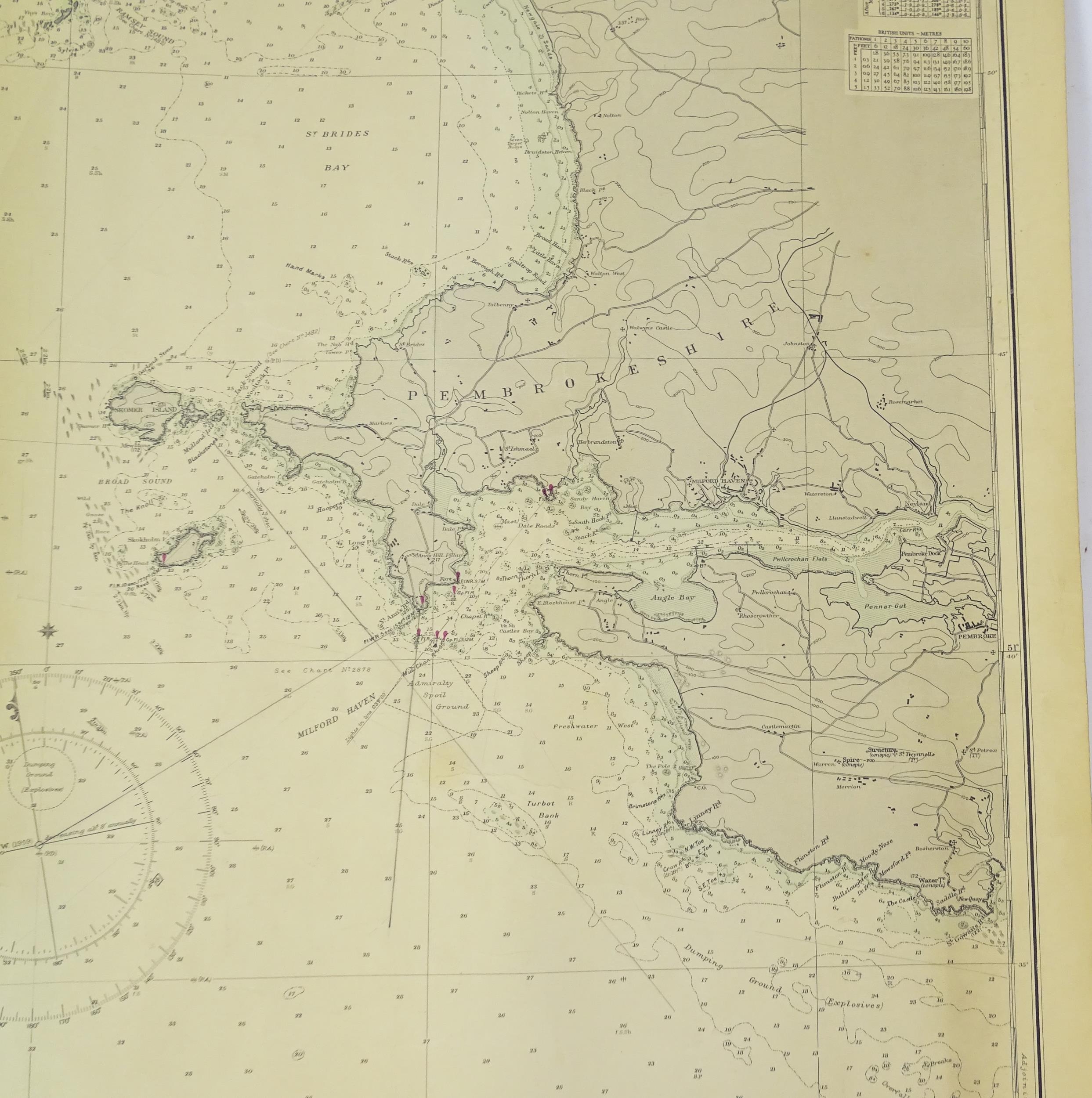 Three mid 20thC Hydrographic Office maritime navigational charts for Wales - South Coast, comprising - Image 21 of 26
