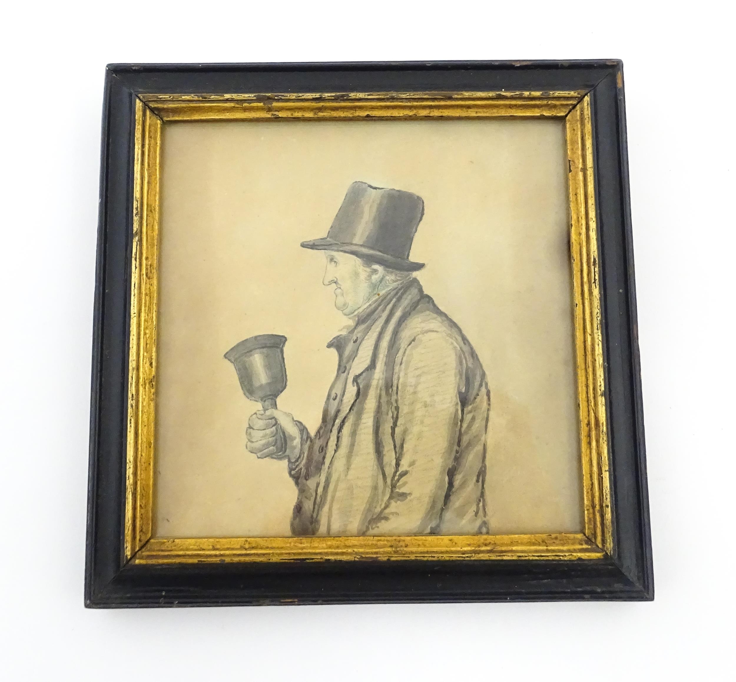 An early 20thC watercolour depicting a portrait of a gentleman bell ringer in profile. Approx. 5 1/ - Image 3 of 10