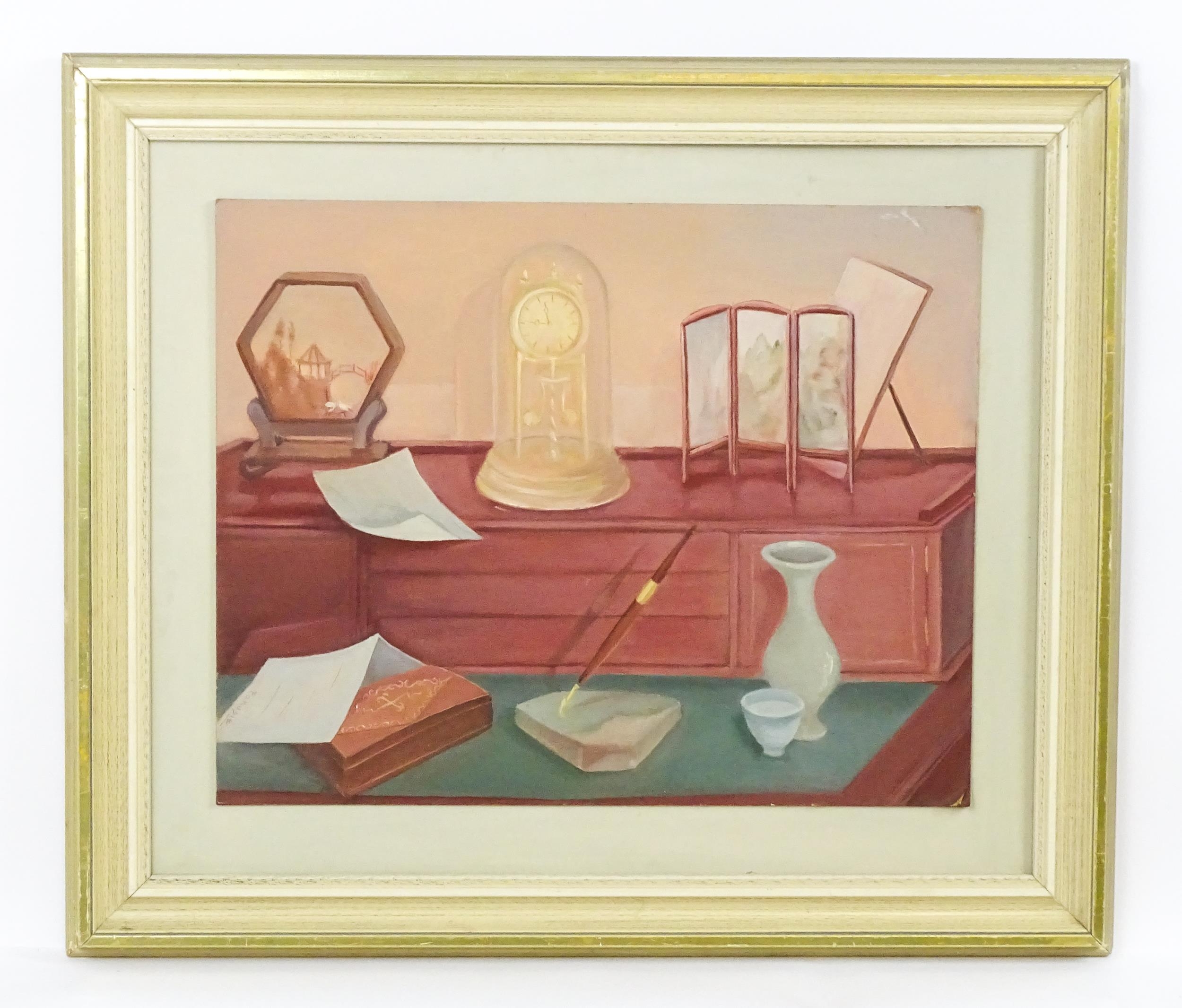 Fanusie, 21st century, Oil on board, A Still Life in Pink, A study of a desk with skeleton clock,