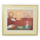 Fanusie, 21st century, Oil on board, A Still Life in Pink, A study of a desk with skeleton clock,