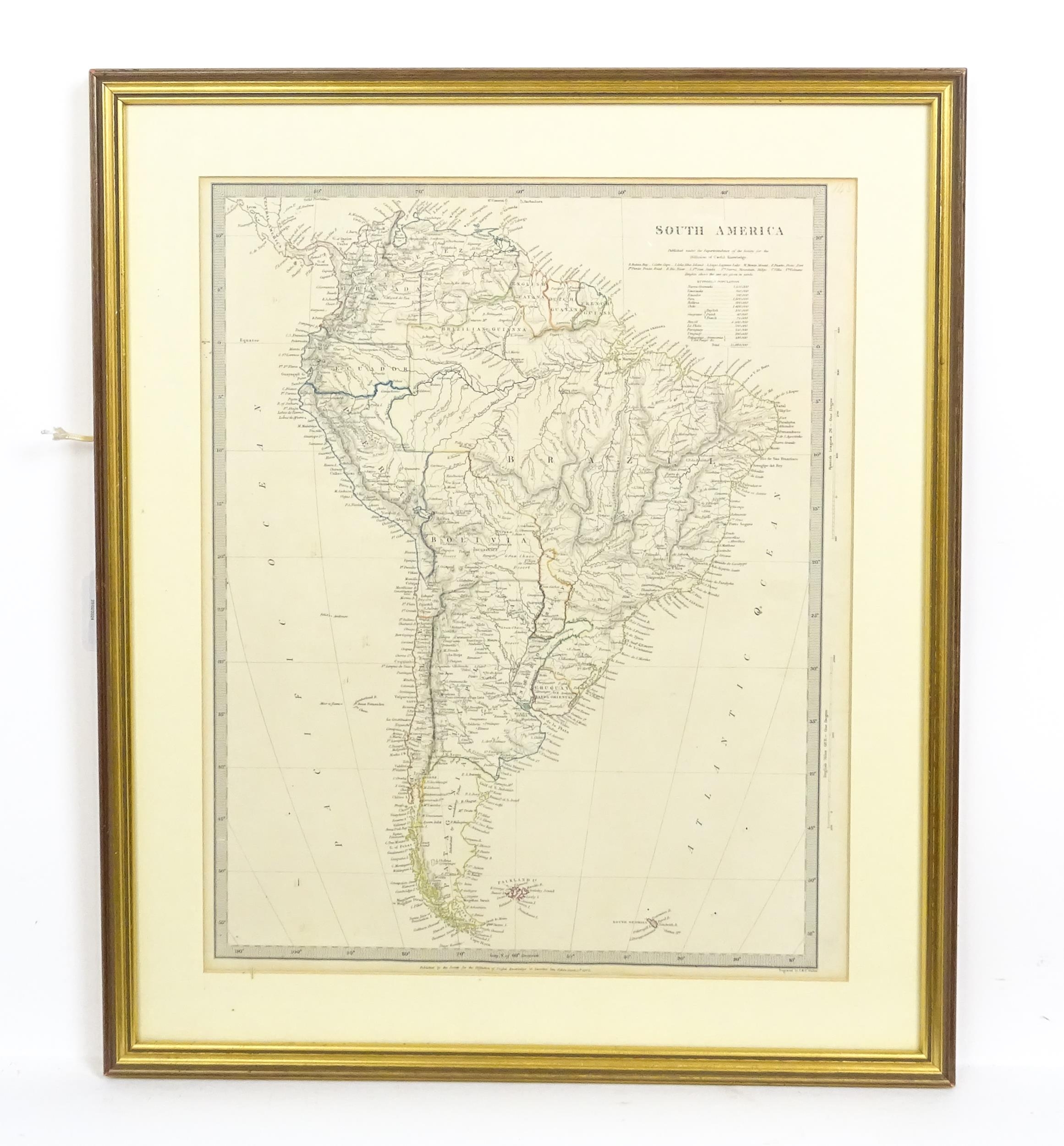 Map: A 19thC engraved and hand coloured map of South America. Published by the Society for the