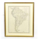 Map: A 19thC engraved and hand coloured map of South America. Published by the Society for the