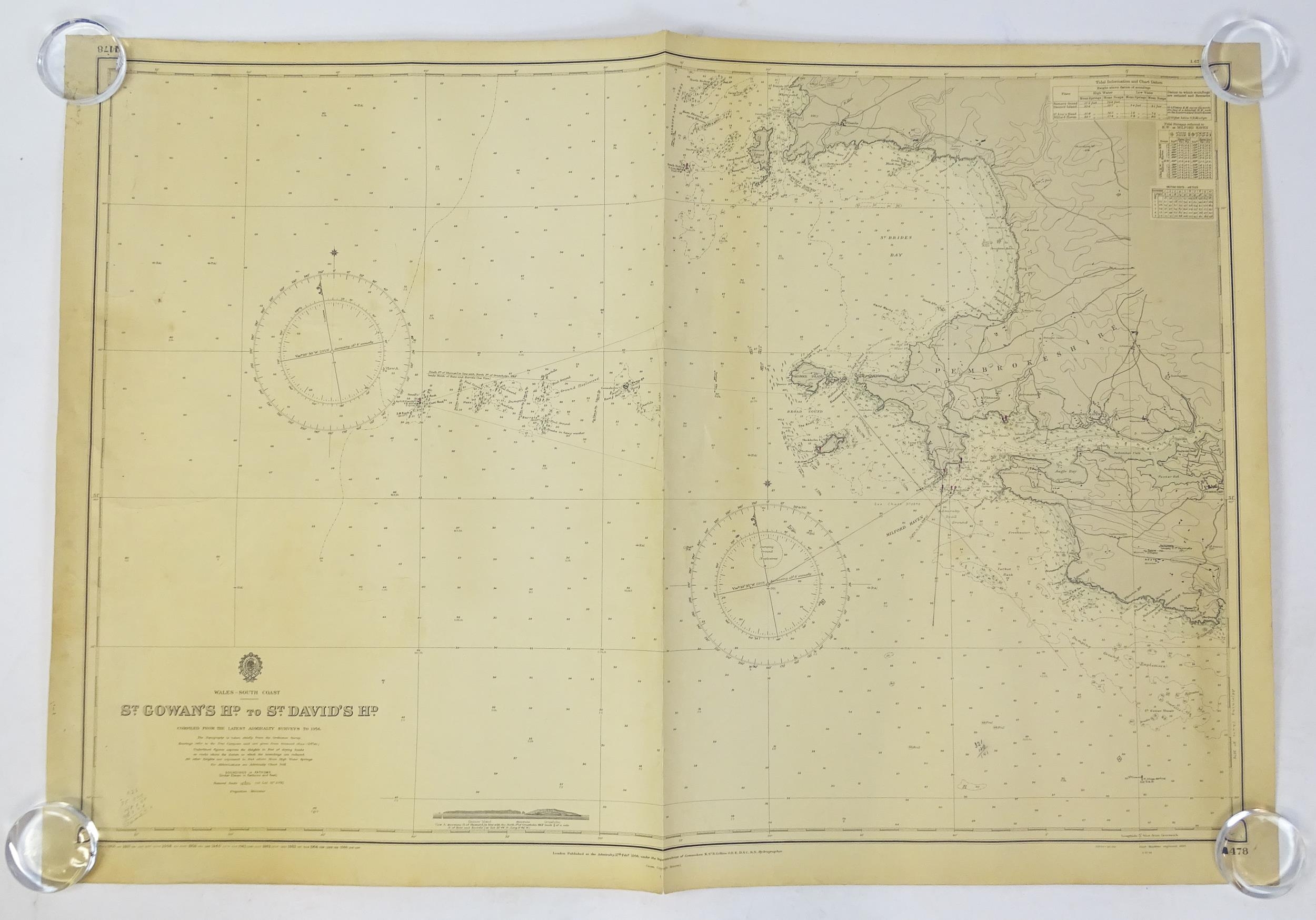 Three mid 20thC Hydrographic Office maritime navigational charts for Wales - South Coast, comprising - Image 3 of 26