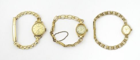 Three various 9ct gold ladies wristwatches, two with 9ct gold bracelet straps. Maker to include