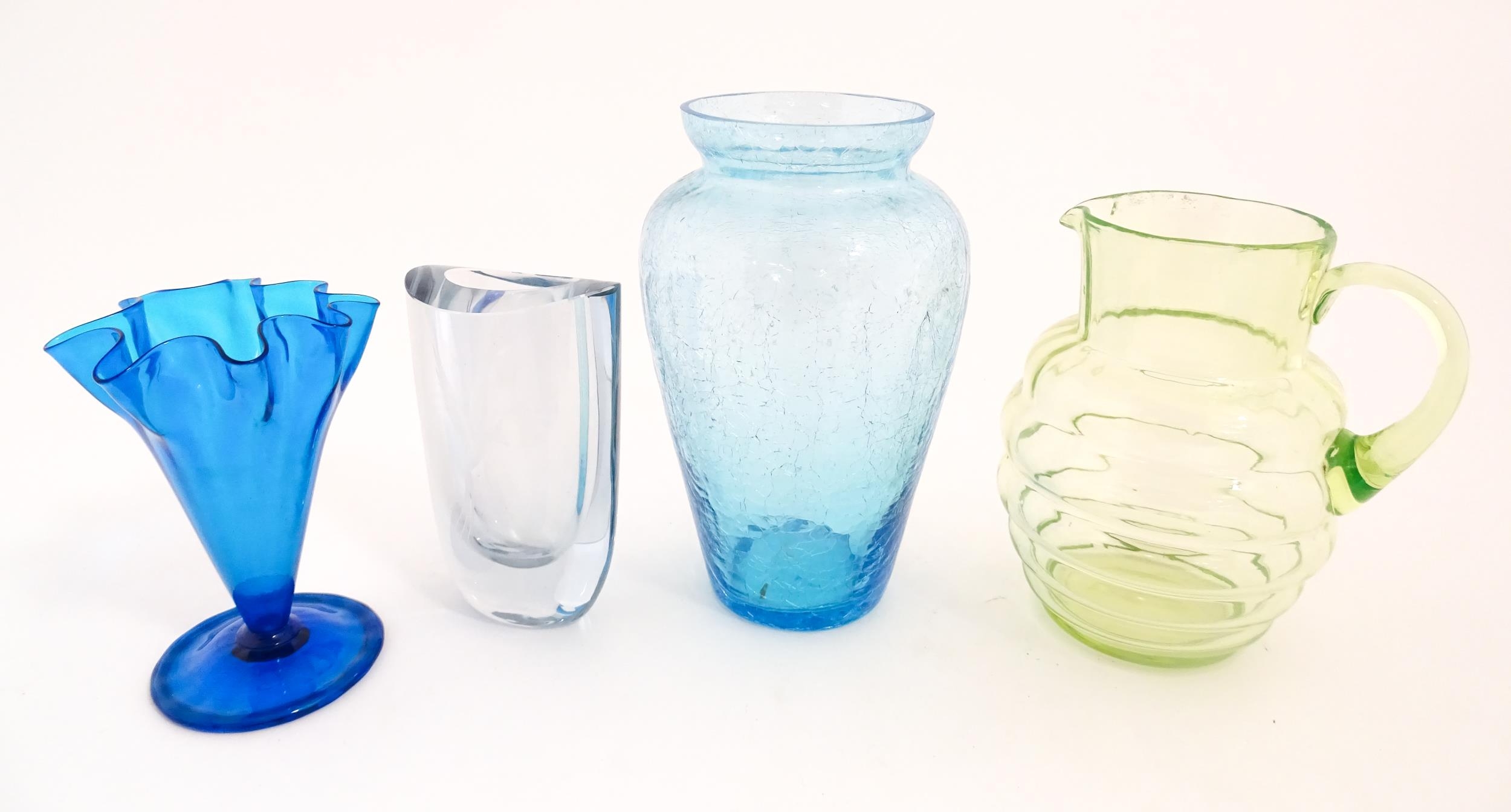 Four items of 20thC glassware to include a Uranium jug, a blue ice glass vase, a Swedish vase by - Image 3 of 6