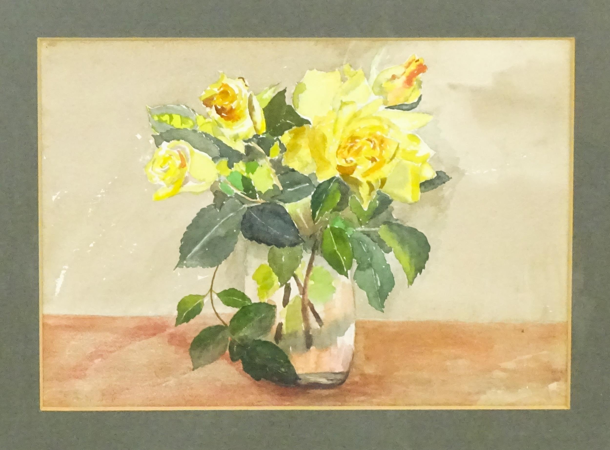 20th century, Watercolour, A still life study of yellow roses in a glass vase. Indistinctly signed - Image 3 of 3