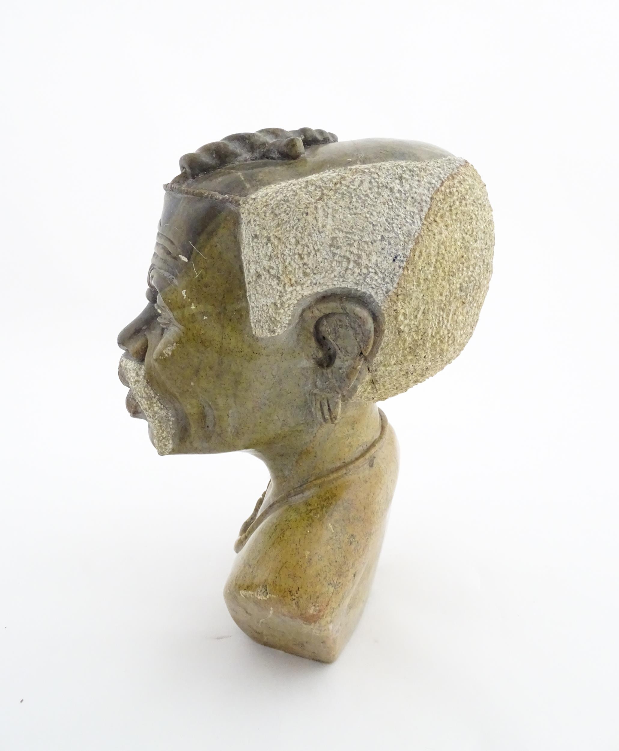 Ethnographic / Native / Tribal : An African carved soapstone bust modelled as a man with a - Image 7 of 9