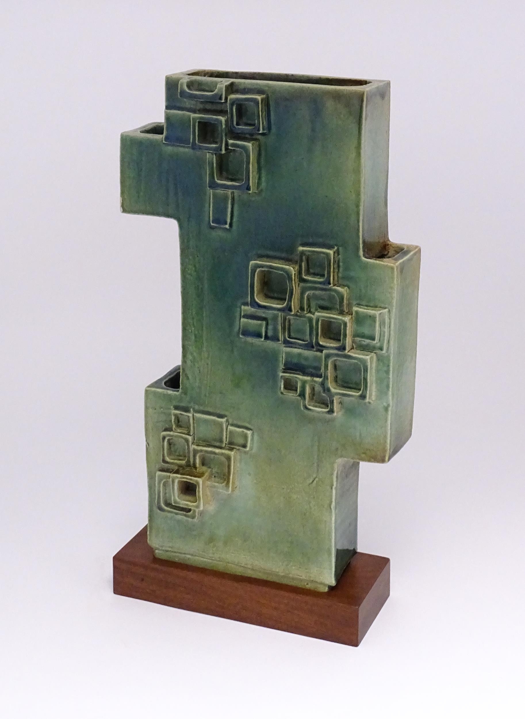 An abstract studio pottery sculpture / vase with square detail by Stephen Bailey. Stamped to base. - Image 4 of 8